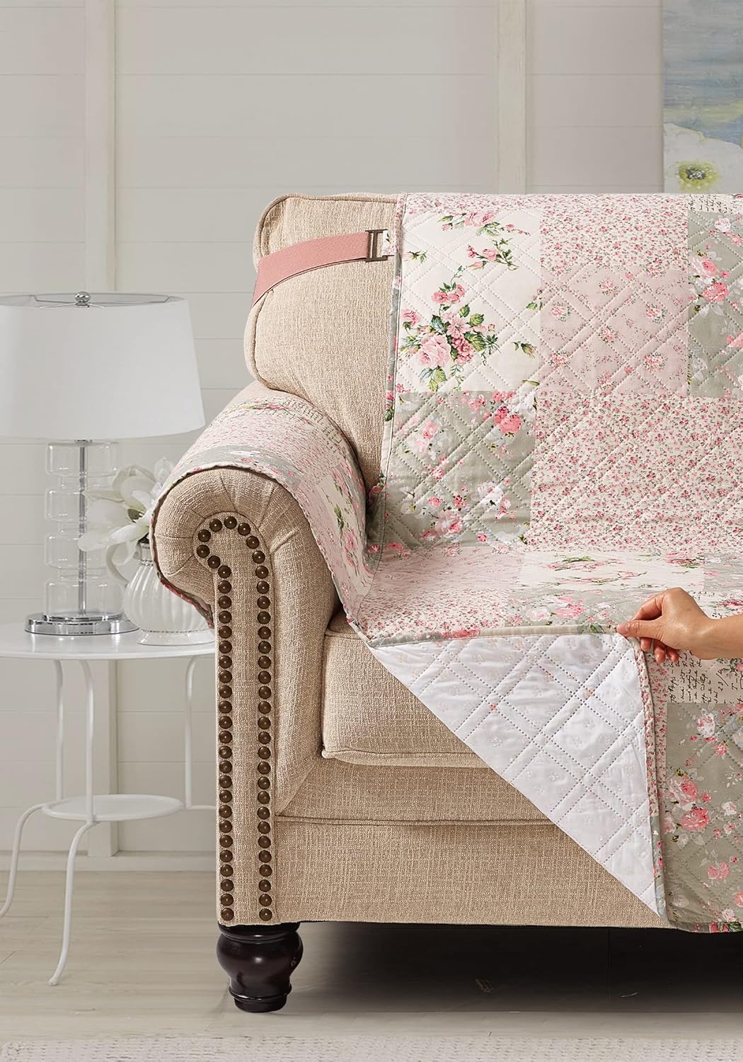 Brilliant Sunshine Funda reclinable acolchada tradicional de rosa y salvia, 26 pulgadas de ancho de asiento, protector de muebles antideslizante,