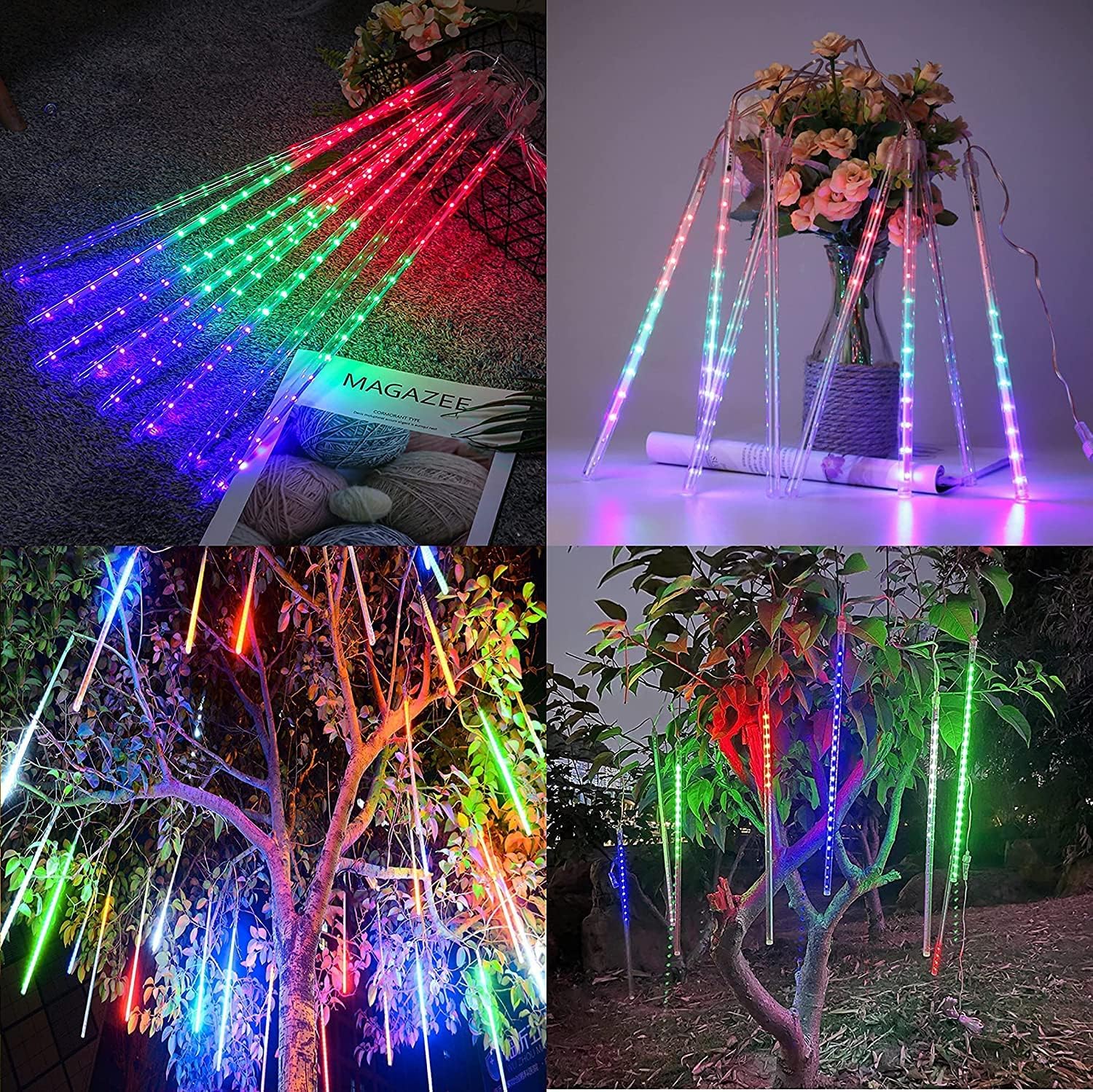 WAKAKA Paquete de 2 luces solares de lluvia de meteoritos para exteriores, luces solares multicolor para exteriores, 11.8 pulgadas, 16 tubos, 288