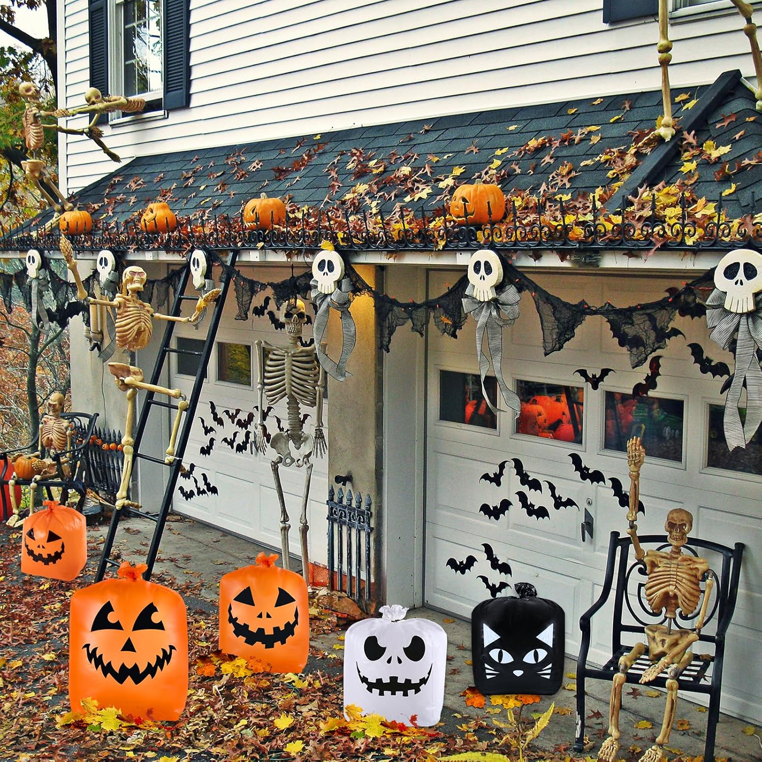 CHANGE MOORE Bolsas de césped de hojas de Halloween, 7 unidades, 4 diseños, bolsa de césped de calabaza con lazos giratorios, decoraciones de