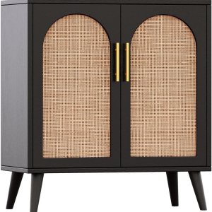 Rovaurx Gabinete de almacenamiento de ratán con puertas, gabinete de piso de baño de acento, armario de buffet moderno para sala de estar, entrada, Rovaurx Gabinete de almacenamiento de ratán con puertas, gabinete de piso de baño de acento, armario de buffet moderno para sala de estar, entrada,