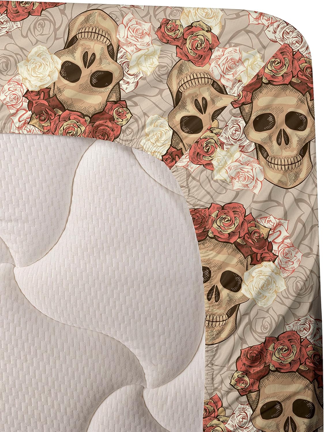 Ambesonne Skull Sheet Set, Goth Roses Floral Skeleton Head Day of The Dead Ethnic Mexican Inspired, Fitted and Flat Sheet with Pillowcases Bedding