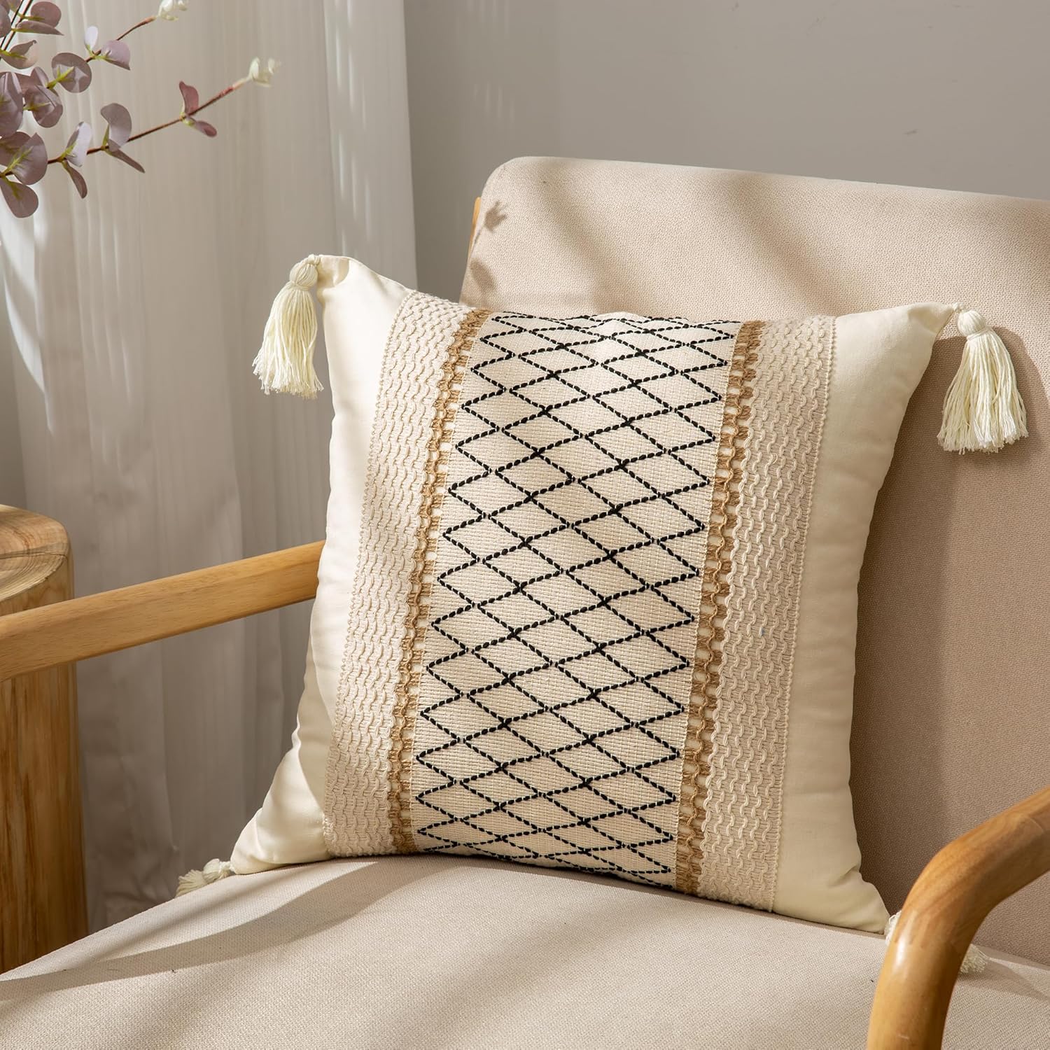 Fundas de almohada de 16 x 16 pulgadas con borlas para sala de estar, algodón y arpillera con textura a rayas, fundas de almohada bohemias (cuadros