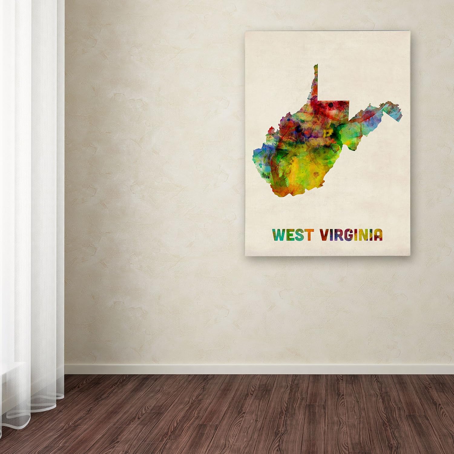 Mapa de Virginia Occidental por Michael Tompsett, arte de pared en lienzo de 35 x 47 pulgadas