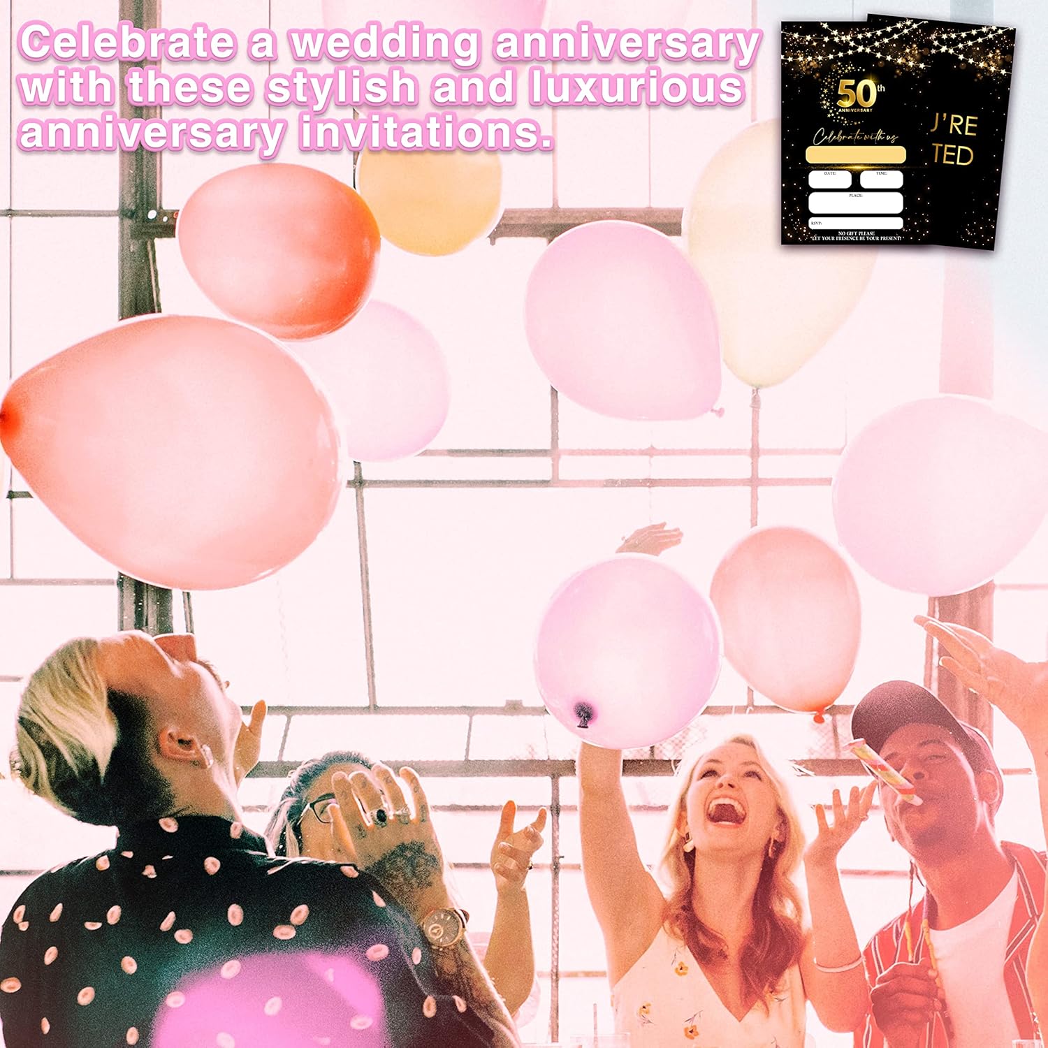 Tarjetas de invitaciones de 50 aniversario, invitaciones de aniversario de boda con purpurina negra y dorada con sobres, tarjetas de invitaciones
