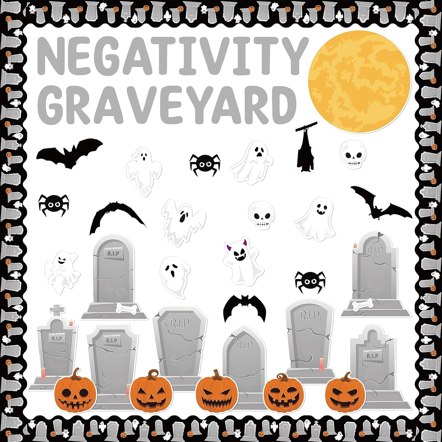CPicdn Juego de 132 piezas de decoración de tablón de anuncios de negatividad de Halloween, fantasma, calabaza, araña, murciélago, lápidas, borde,