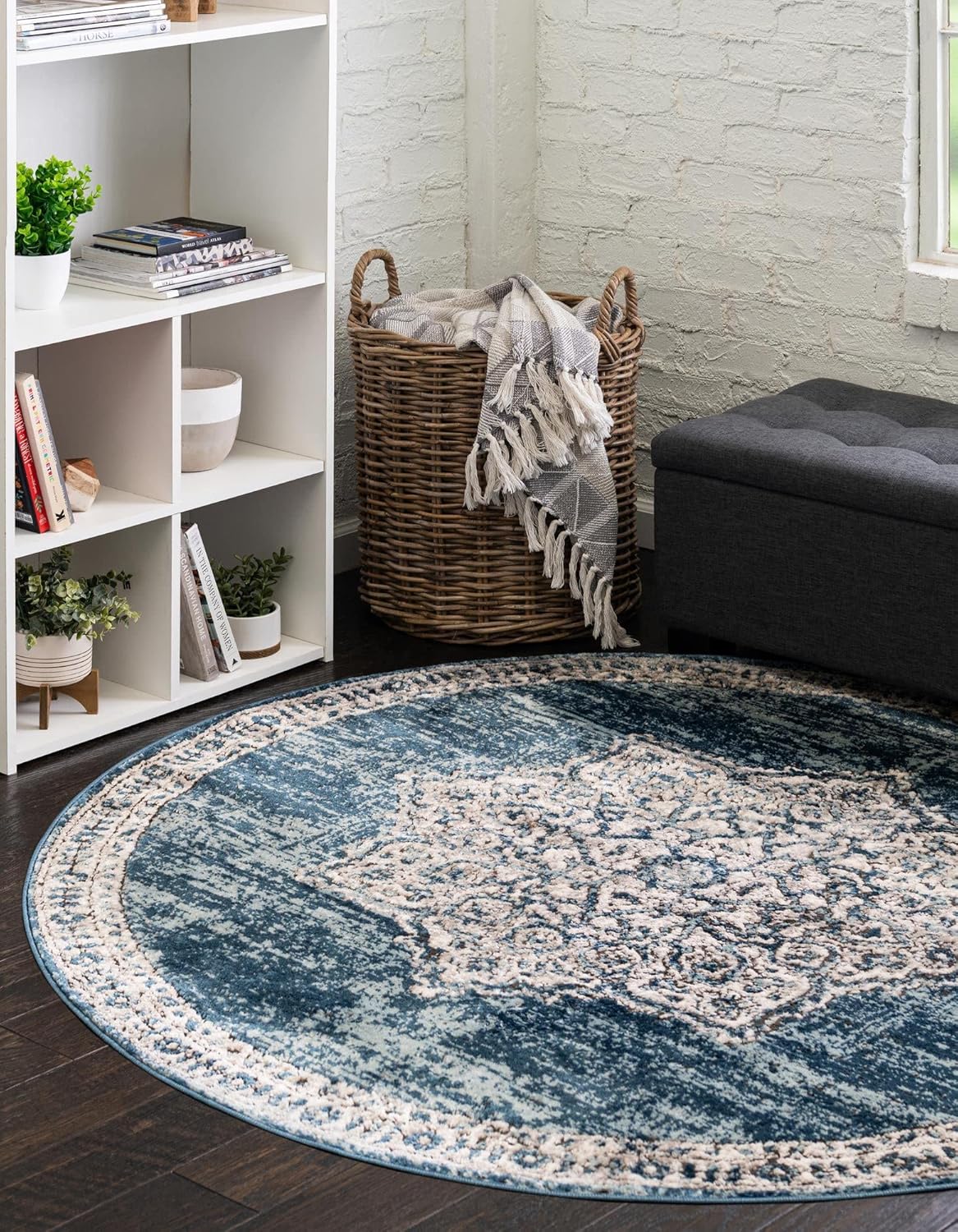 Unique Loom Colección Nyla – Alfombra de área (redonda, 3 pies 3 pulgadas x 3 pies 3 pulgadas, azulmarfil)
