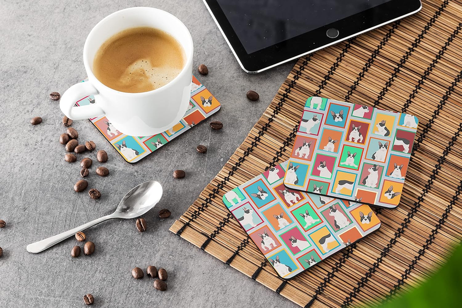Caroline’s Treasures MLM1089FC – Juego de 4 posavasos de espuma para bulldog francés en blanco y negro, para interiores y exteriores, posavasos para