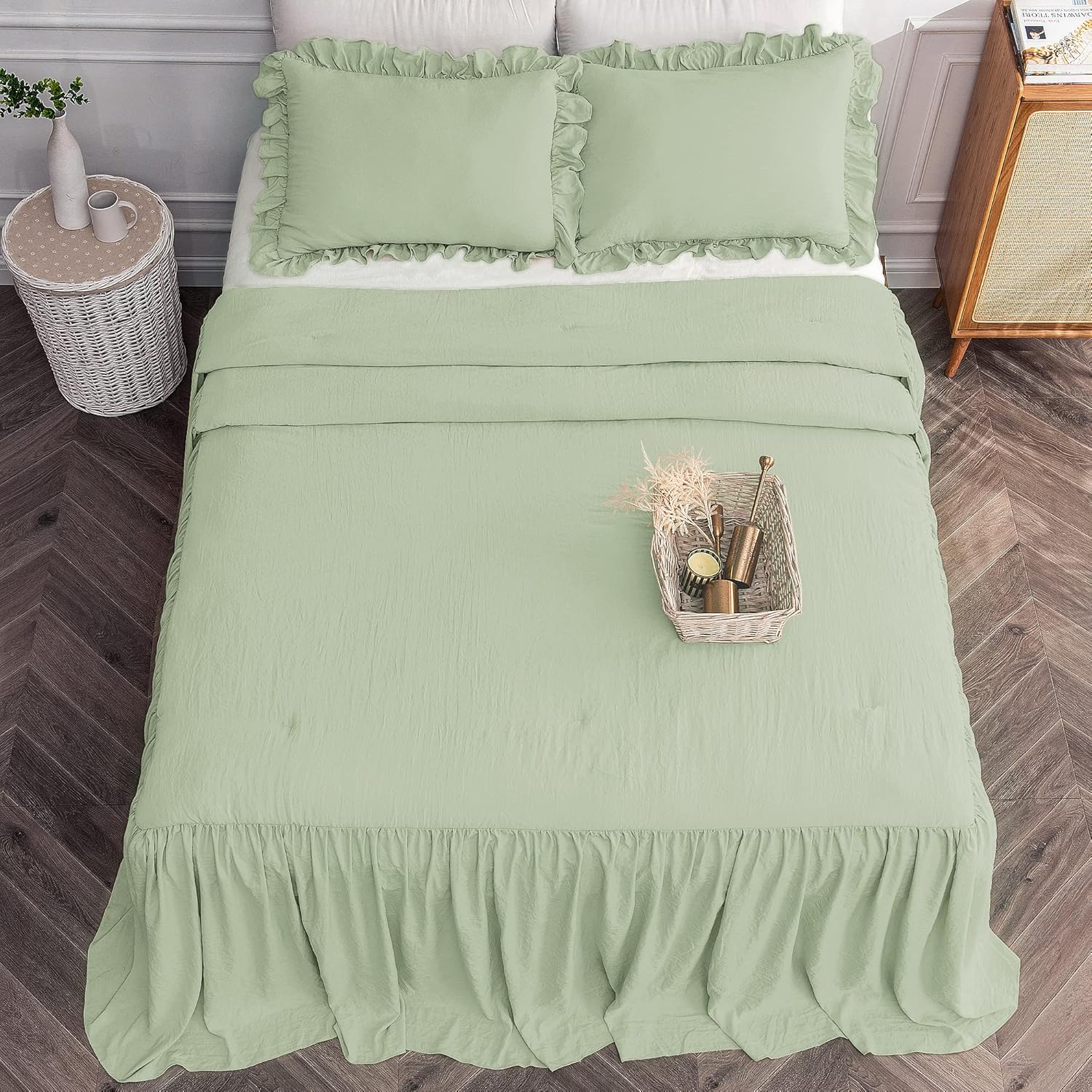 Bonlino Juego de colcha para cama King  Colcha de granja Colcha Chic Vintage Ropa de cama falda con volantes Colcha Colcha Dormitorio rústico ligero