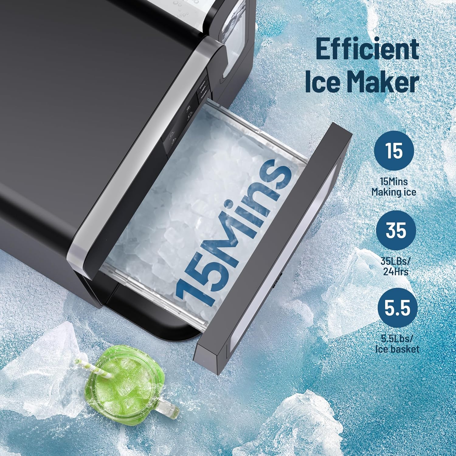 Máquina de hielo portátil de pepitas para encimera, máquina de hielo masticable de 33 librasdía con autolimpieza y recarga automática de agua,