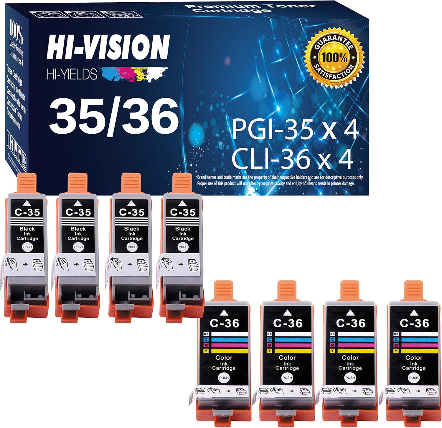 HI-VISION HI-YIELDS Cartucho de tinta de pigmento PGI-35+CLI-36 compatible con 4 unidades, color negro con (4 unidades) de repuesto tricolor para