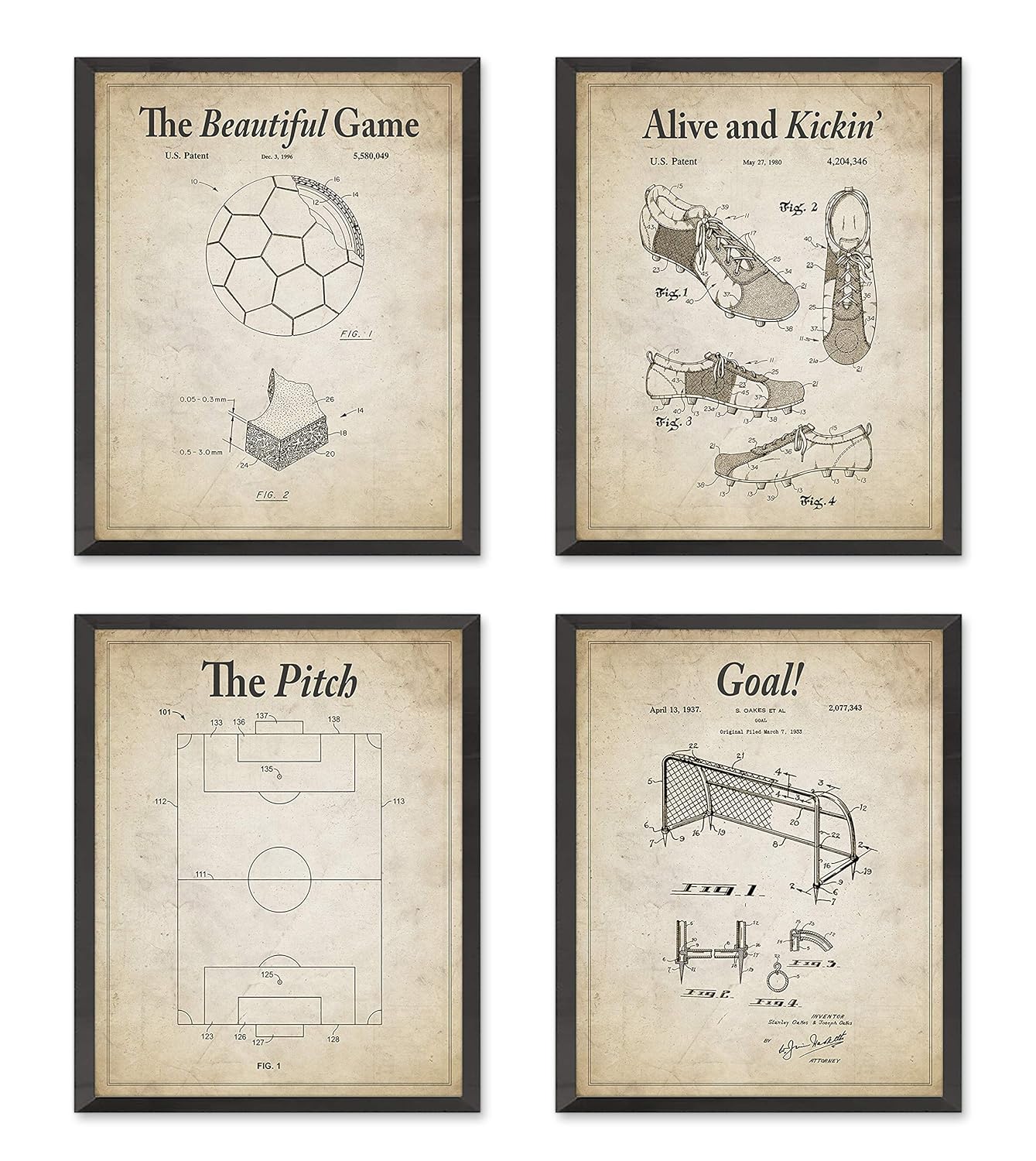 Vintage Soccer Futbol Football Wall Patent Art Prints with Slogans, Set of 4, Unframed, Soccer Ball, Cleat, Goal, Pitch Patent Wall Decor Art, All