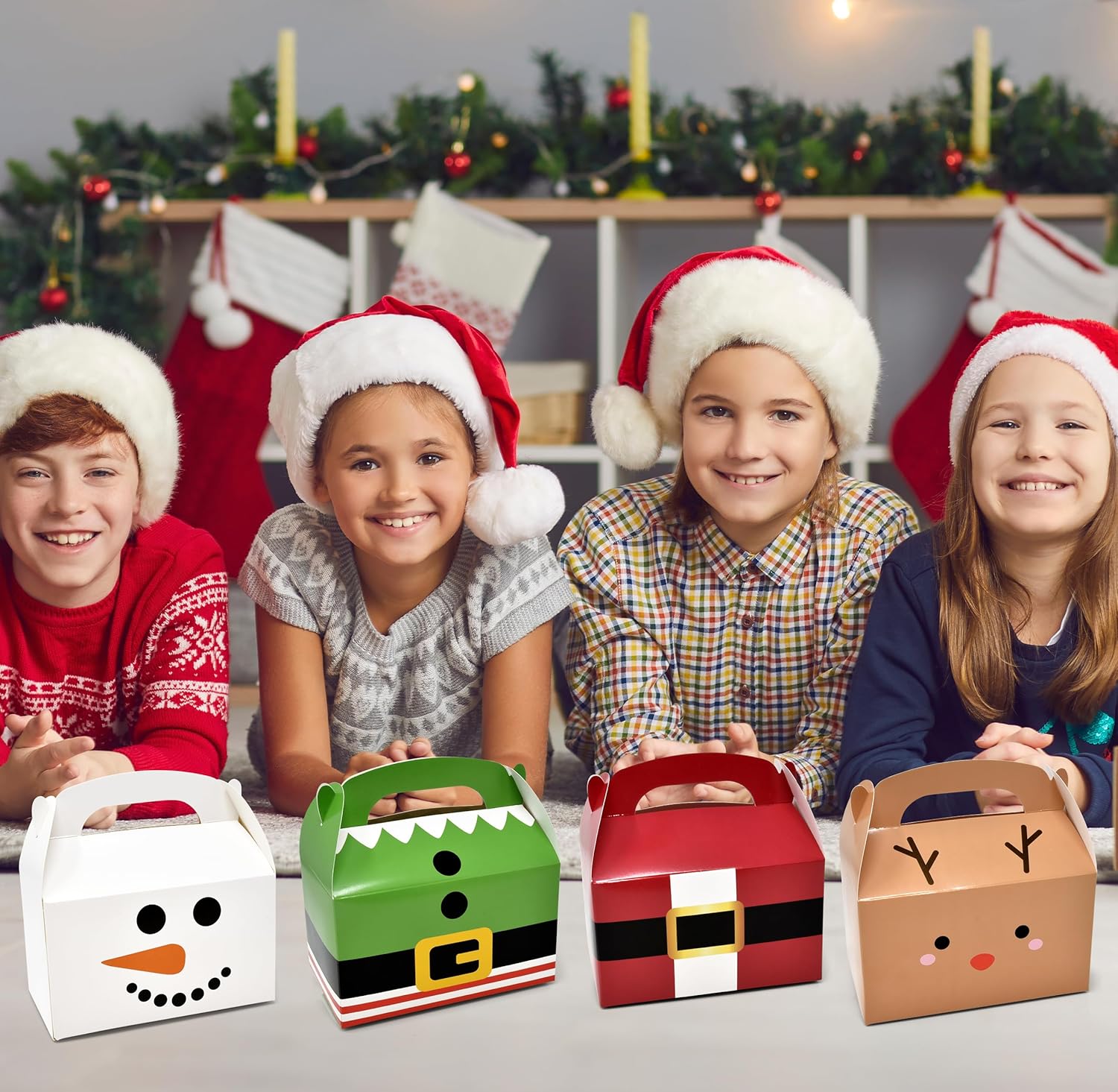 Gift Boutique Paquete de 24 cajas de regalo de Navidad de cartón de Navidad, caja de papel a dos aguas de Papá Noel, elfo, muñeco de nieve, reno