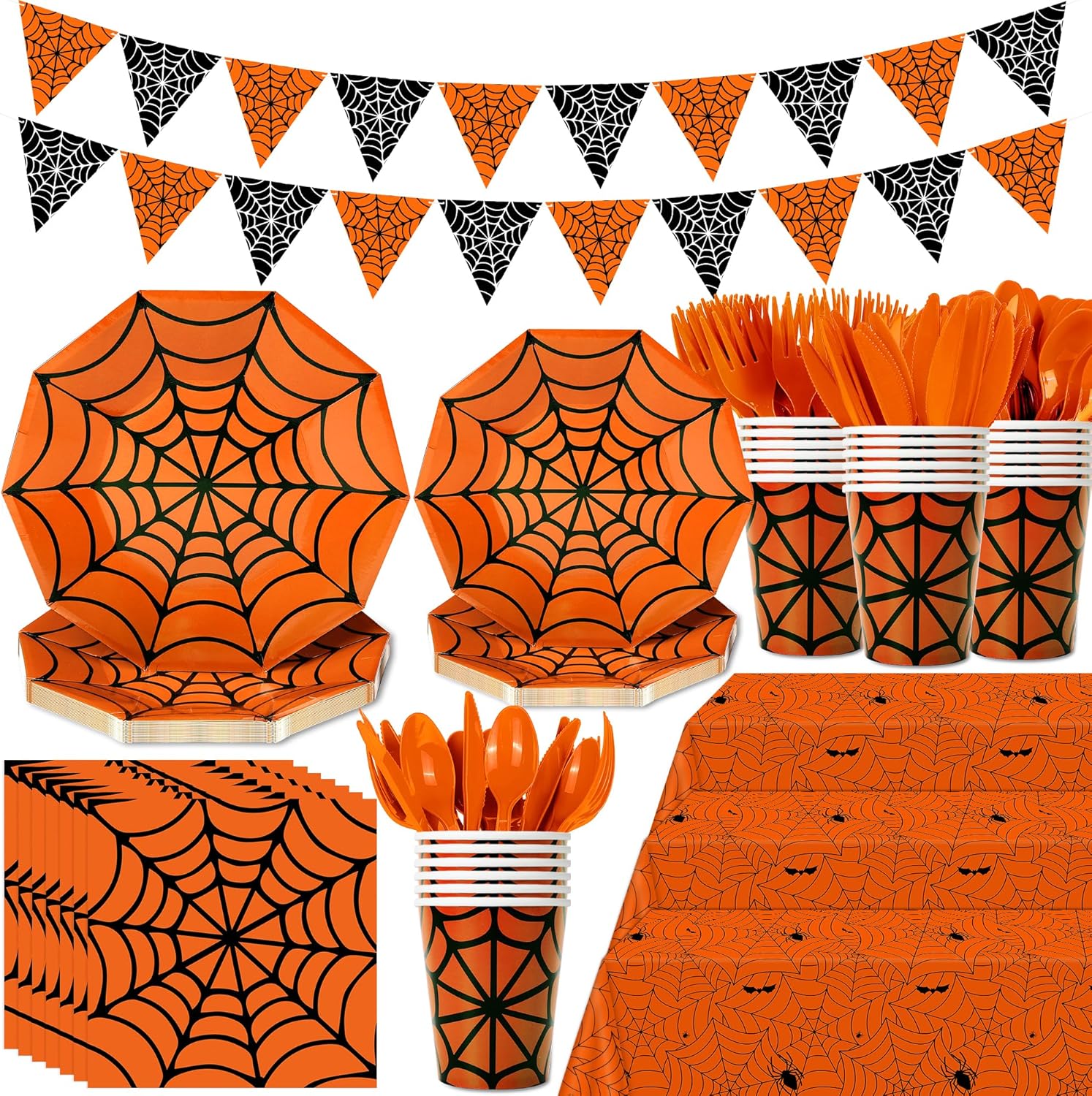 173 piezas de tela de araña de Halloween, suministros de telaraña naranja, juego de vajilla desechable para 24 platos de papel, servilletas, vasos,