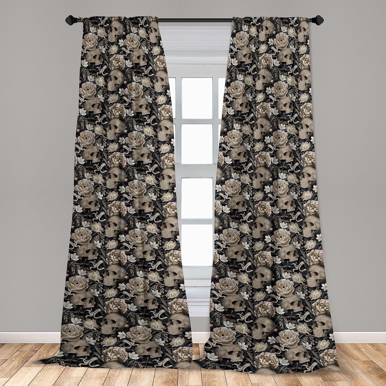 Ambesonne Gothic Curtains, Vintage Baroque Floral Skulls with Garden Flowers Flourishing Leaves, Window Treatments 2 Panel Set for Living Room