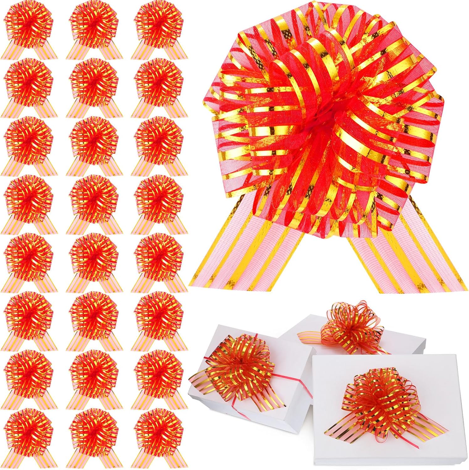 Poen 24 lazos grandes de organza de 6 pulgadas con cinta para envolver regalos, cestas de boda (rojo, dorado)