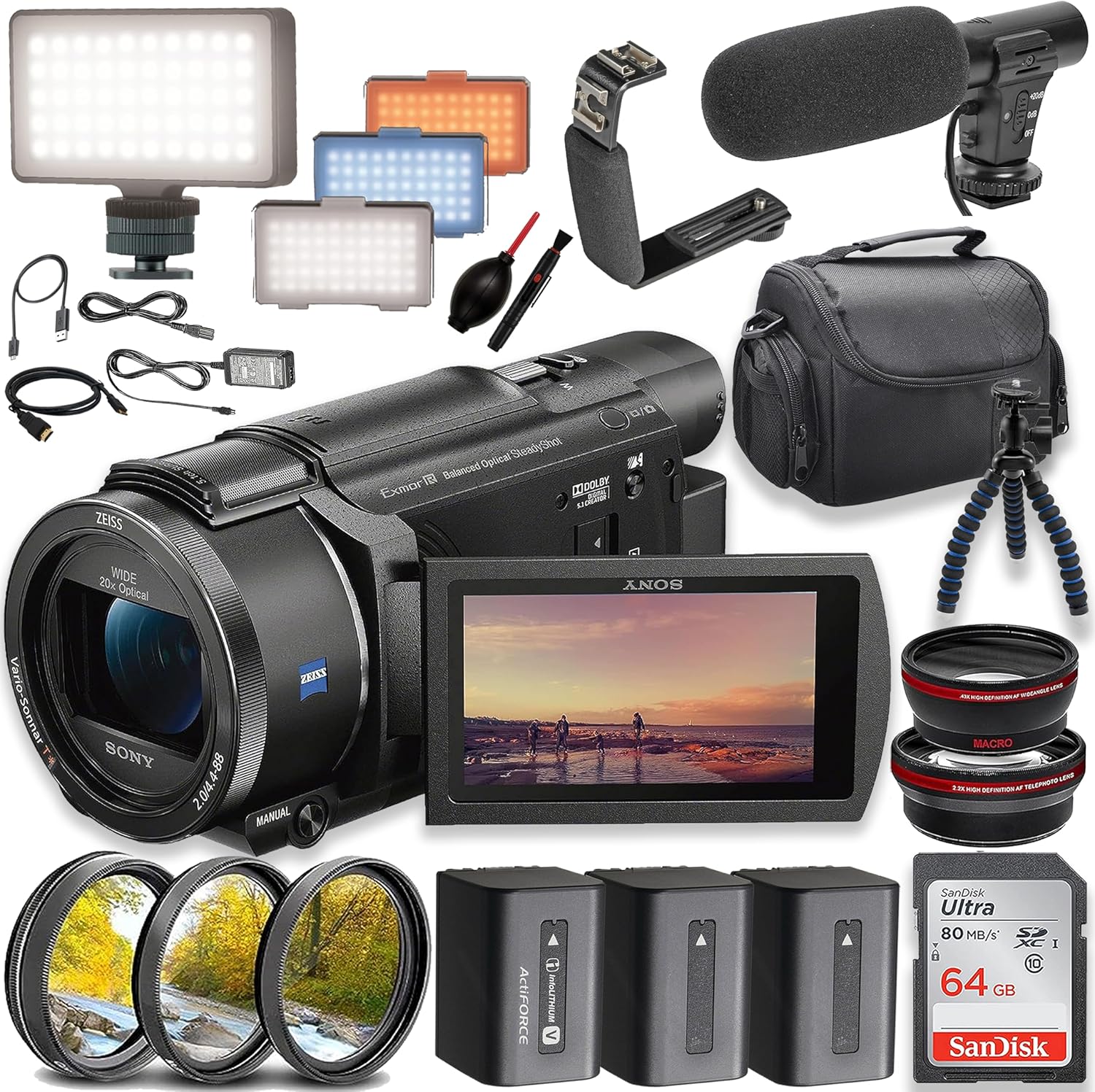 Sony FDR-AX53 4K Ultra HD Handycam Videocámara con tarjeta de memoria de 64 GB + kit de filtro + luz de video LED + micrófono y más