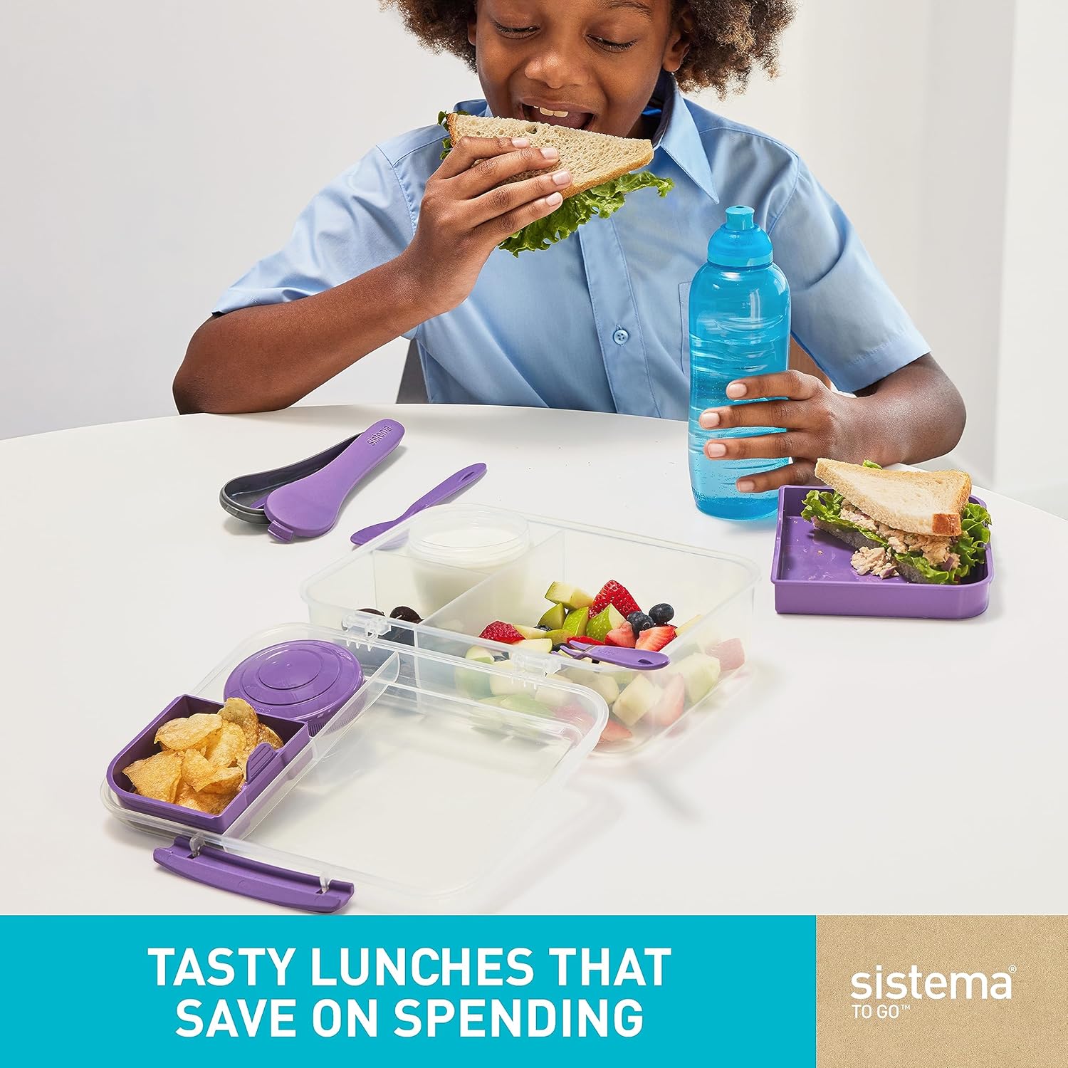 Sistema Bento Box To Go – Fiambrera con yogurmaceta de frutas 1,25 L, hecha con plástico reciclado, reciclable con piedra verde azulado