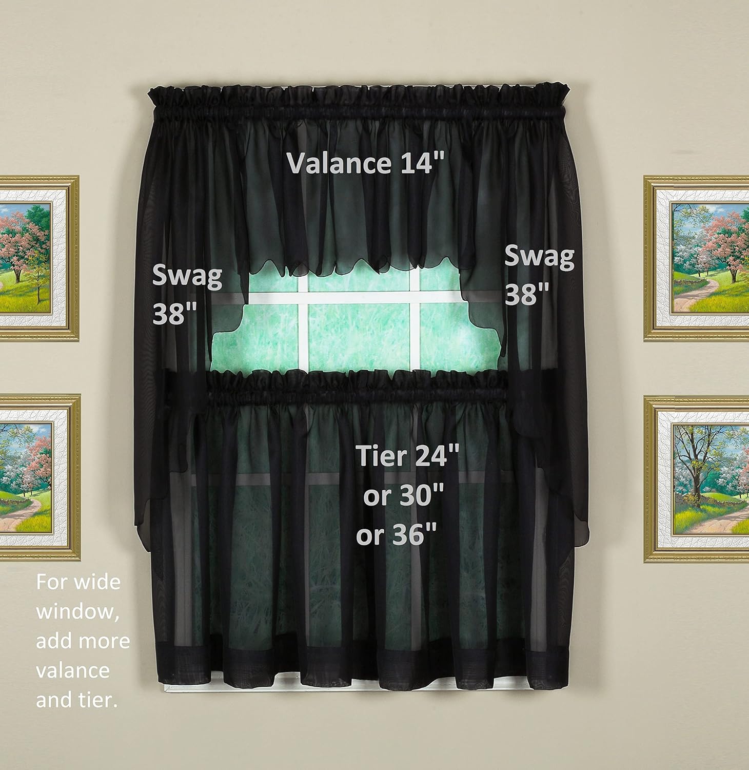 Today’s Curtain Cenefa de gasa original Emelia de 14 pulgadas, negro, 60 pulgadas de ancho x 14 pulgadas de largo