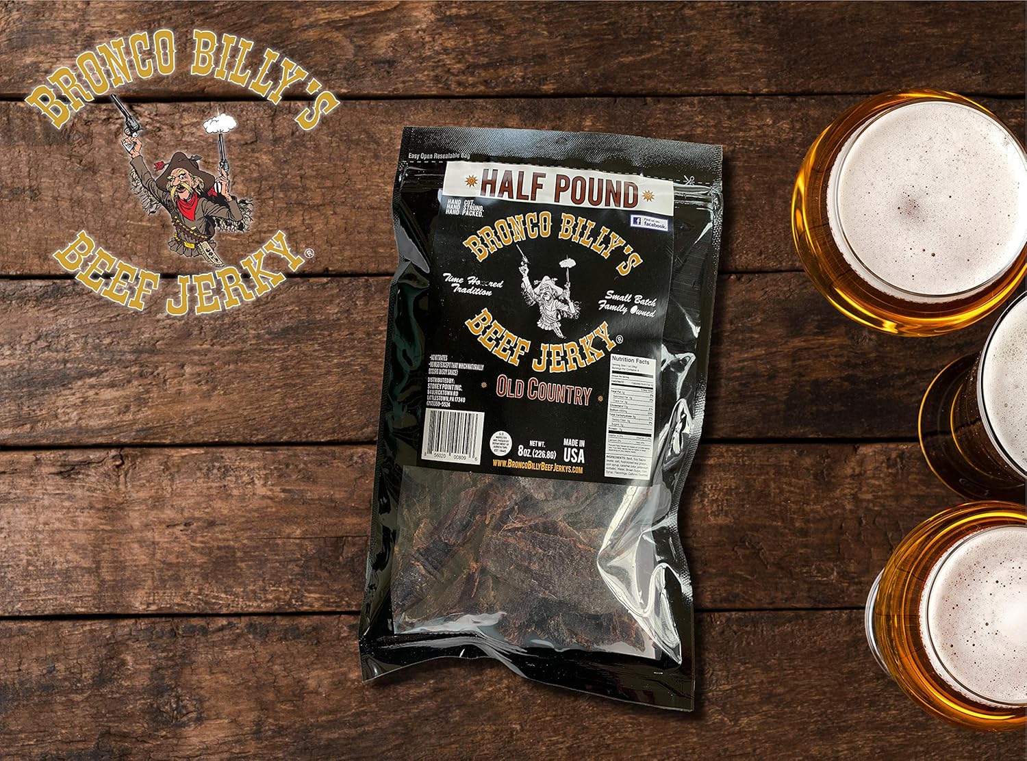 Bronco Billy’s Beef Jerky Hickory Smoked Old Country – Bolsa resellable de media libra