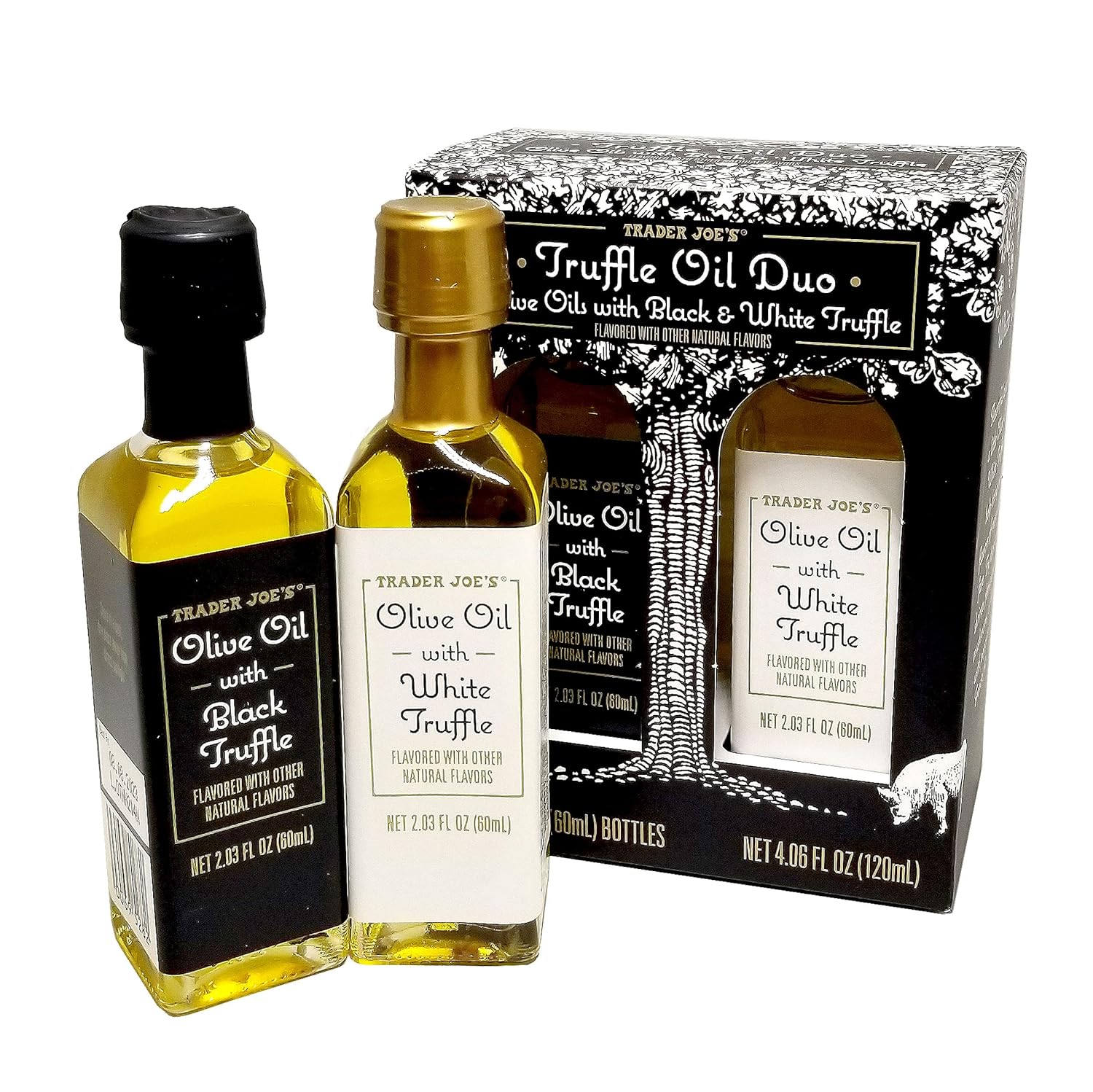 Juego de 4 piezas de aceite y condimentos especiales de Trader Joe’s en blanco y negro, dúo de aceite de trufa, condimento en polvo de trufa y ajo