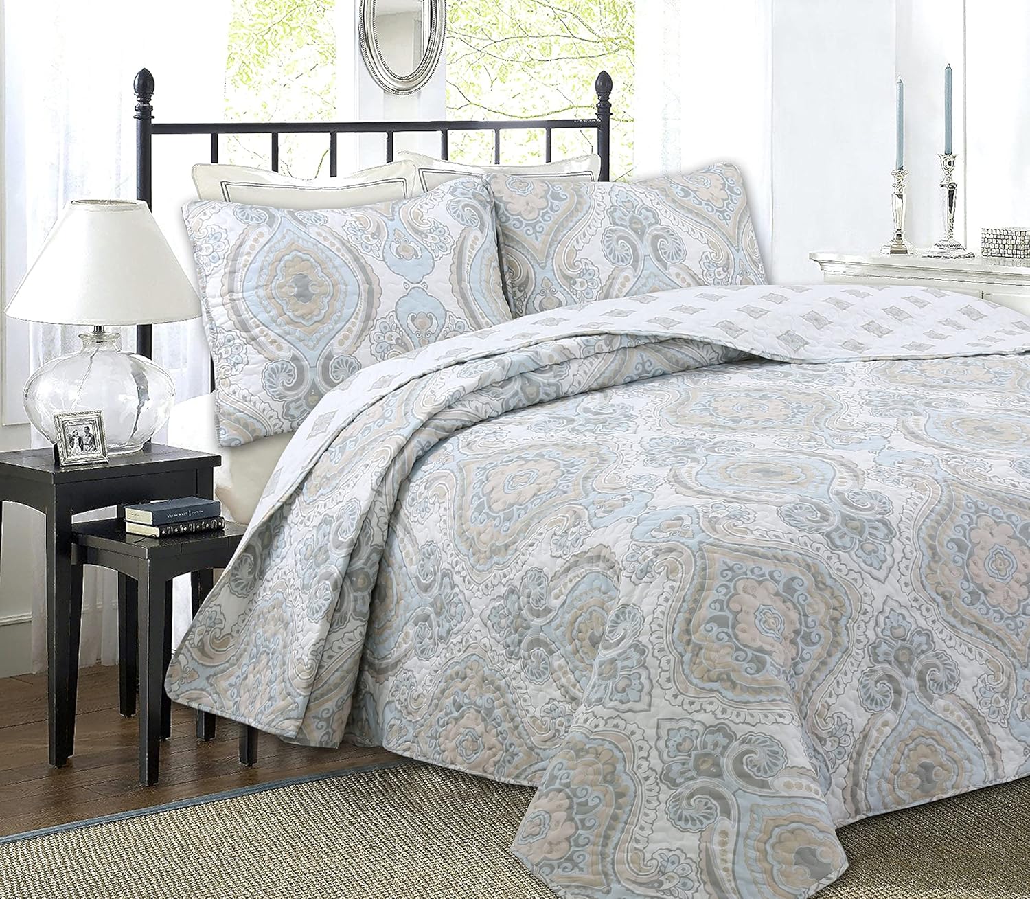 Cozy Line Home Fashions Juego de ropa de cama reversible de microfibra azul cielo, color gris tostado, colcha (medallón moderno, tamaño Queen, 3