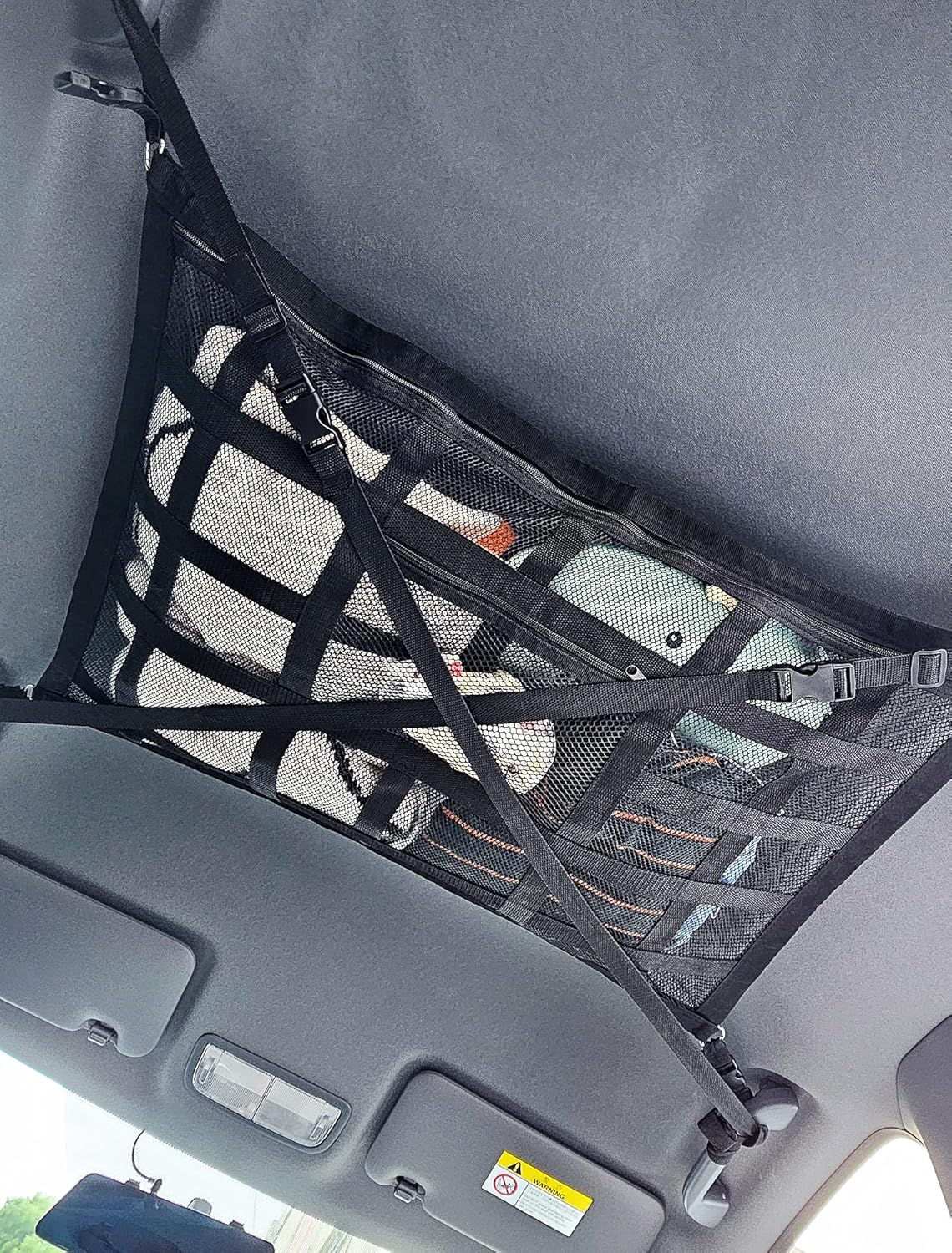 Red de carga para techo de auto mejorada con correa de fijación, 32 x 21 pulgadas, organizador de almacenamiento de techo de automóvil de doble capa