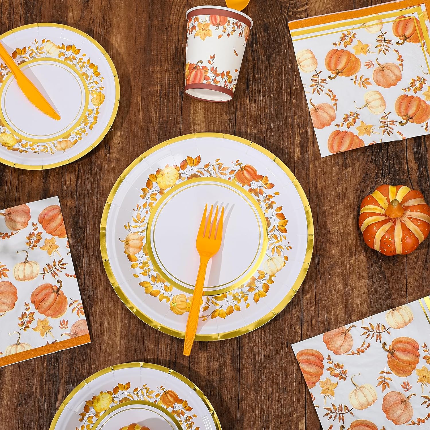 Whaline Juego de vajilla desechable de 175 piezas de otoño para 25 invitados, platos de papel, tazas, cuchillo, tenedor, cuchara y servilletas,