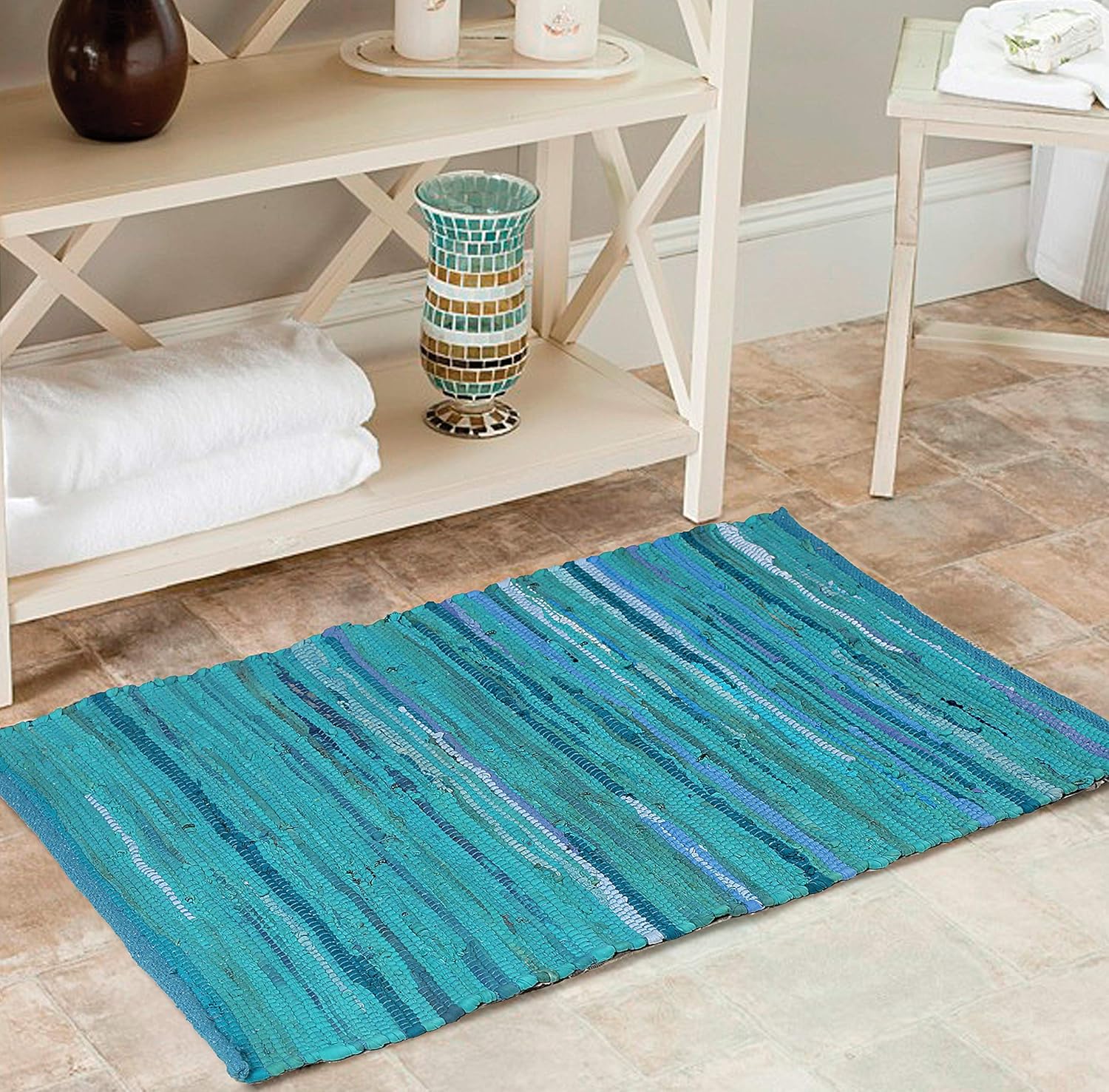 Alfombra de trapo 100% algodón de 24 x 36 pulgadas, alfombra Chindi multicolor, tejida a mano y reversible para sala de estar, cocina, entrada,
