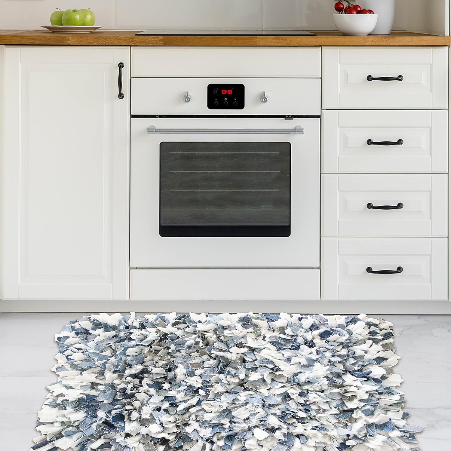 Chardin home Rainbow Shag Rug Denim Blues and White  Boho Rug for Bedroom, Kitchen, Entrance Bathroom and More  Recycled Rag chindi Shaggy Rug 20×30