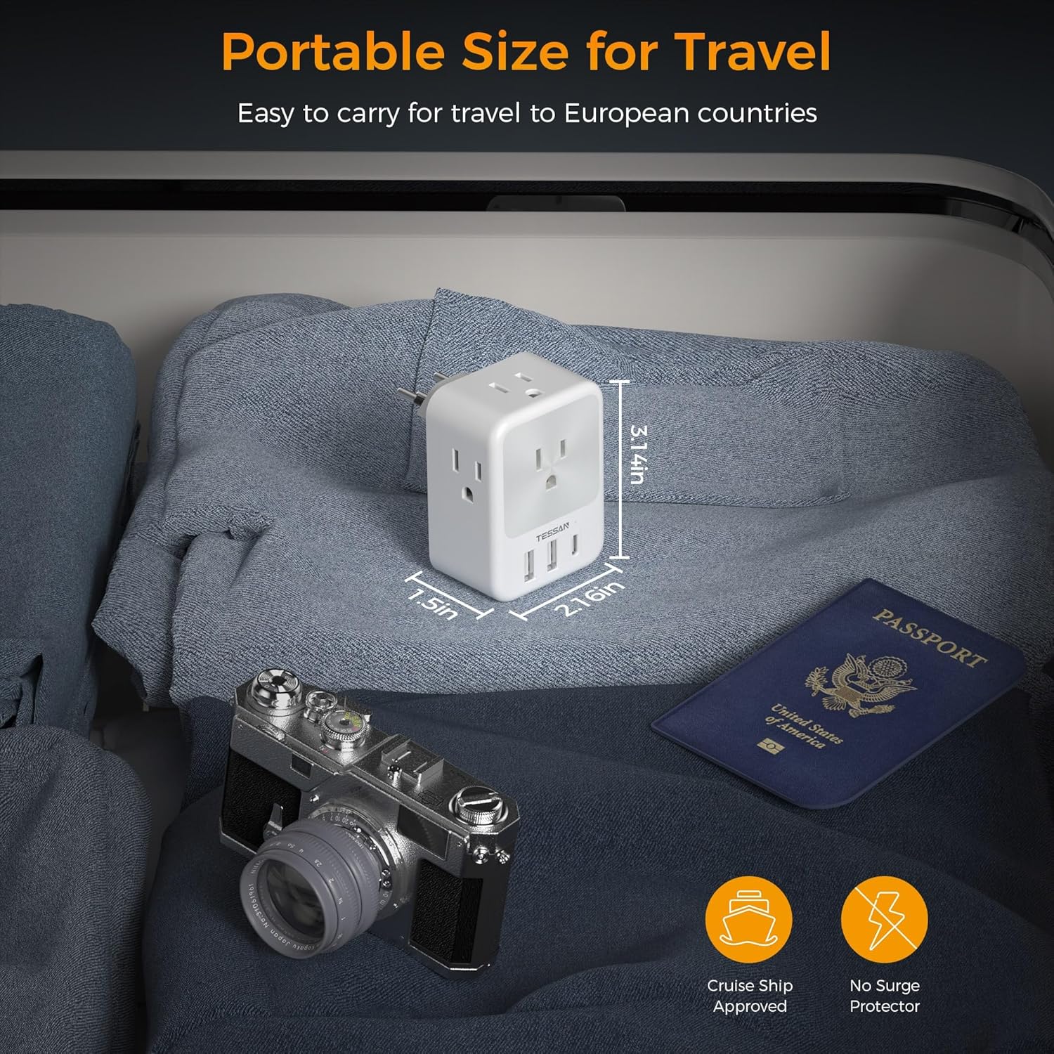 Adaptador de enchufe de viaje para Italia, 2 paquetes, adaptador de corriente TESSAN Italia con 4 tomas, 3 puertos USB (1 USB C), adaptador de