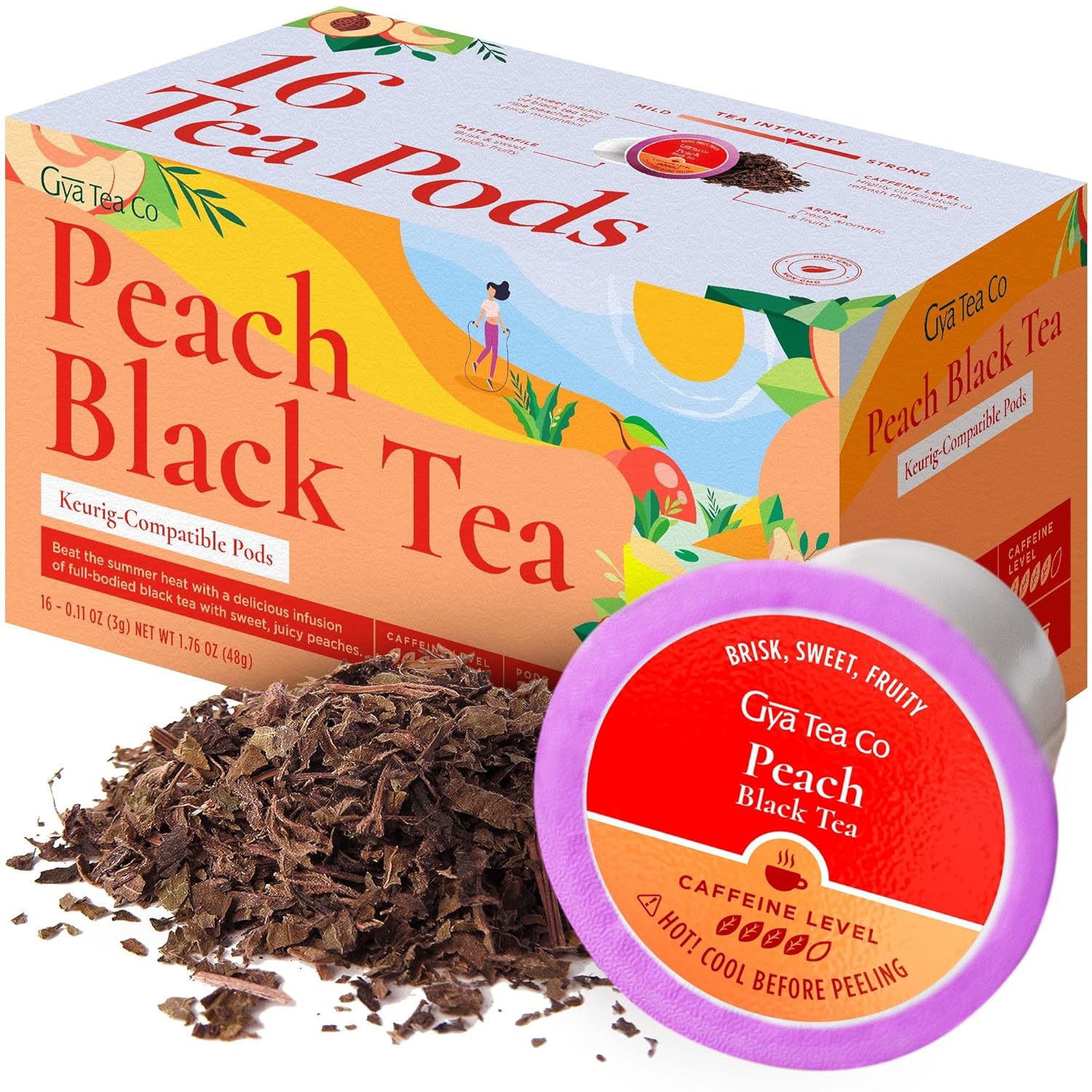 Gya Tea Co Tazas K de té negro melocotón para Keurig, té suave con alta cafeína, comienza el día con cápsulas de té para Keurig, las mejores