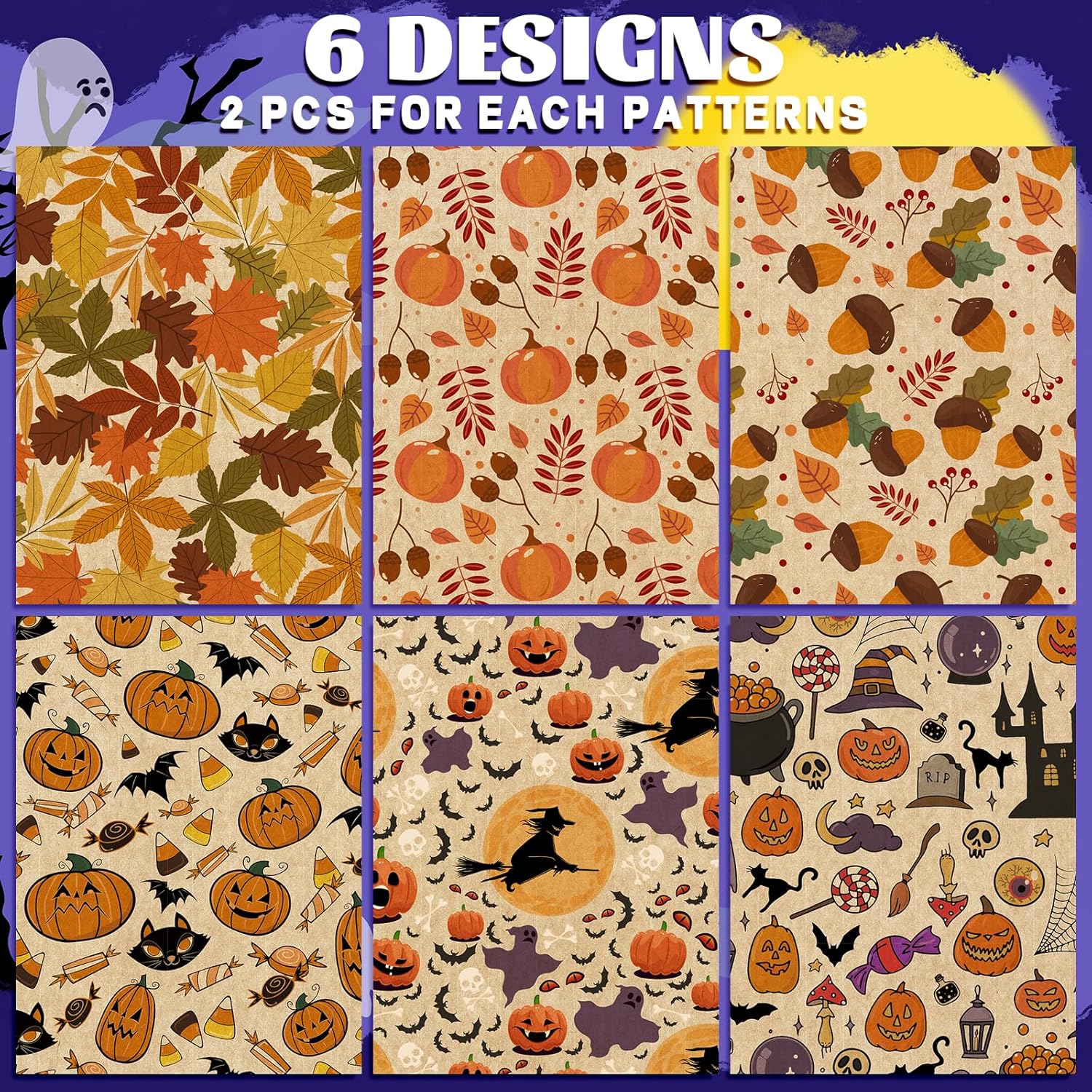 Whaline 12 hojas de papel de estraza para Halloween, otoño, calabaza, fantasma, bruja, hoja de arce, 6 diseños, cosecha de otoño, papel de regalo