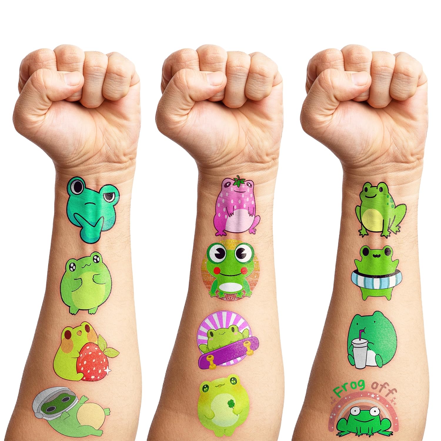 Calcomanías de tatuajes temporales de rana con temática temática de fiesta de cumpleaños, regalos de decoración, 8 hojas, 85 unidades, divertidas