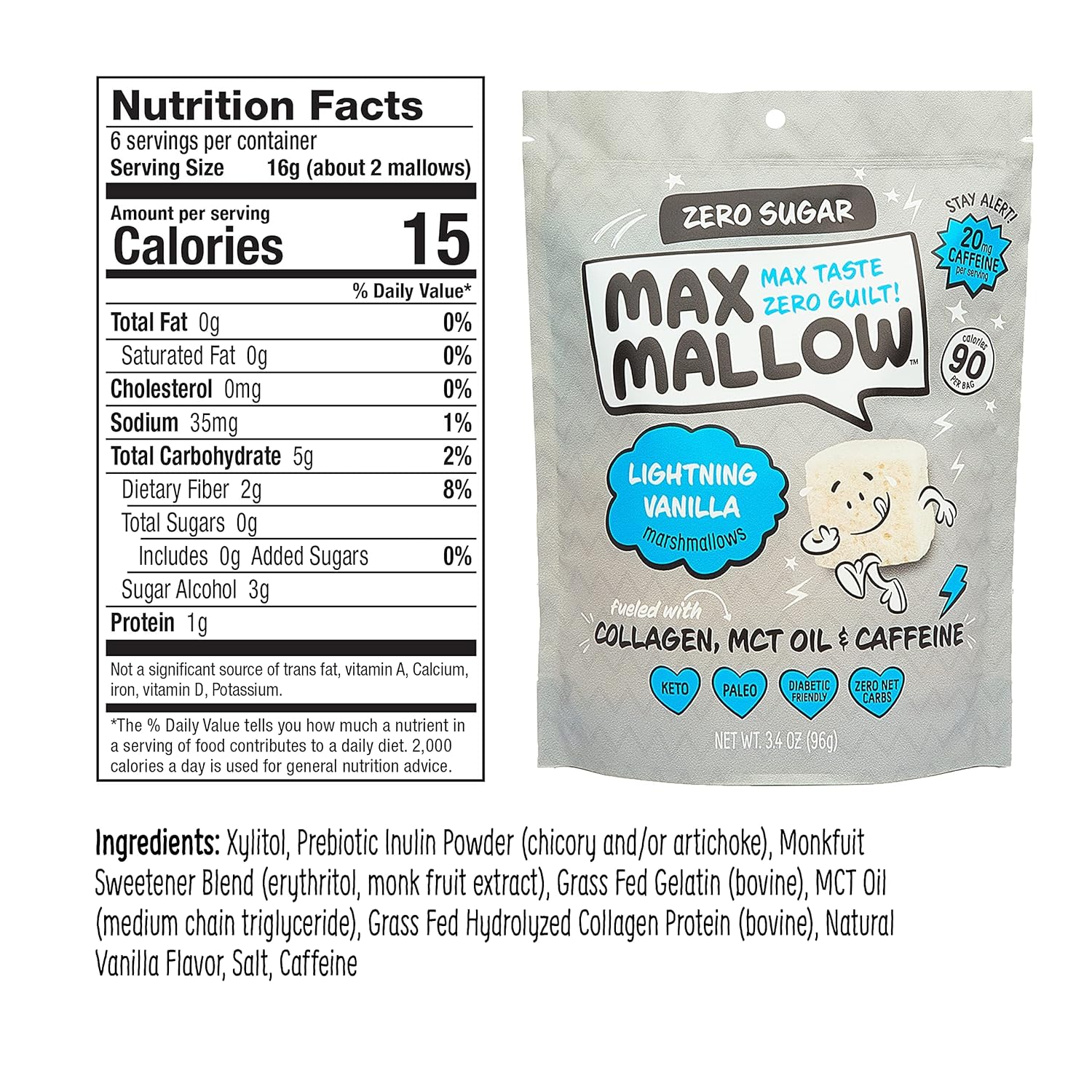 Know Brainer Max Mallow Lightning Vanilla – Malvavisco sin culpa y sin azúcar, bajo en carbohidratos, sin gluten y cetogénico, malvavisco alimentado