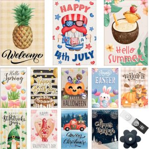 Paquete de 12 banderas de jardín, banderas de jardín con clip antiviento y tapón, banderas decorativas de jardín de 12 x 18 pulgadas, banderas de Paquete de 12 banderas de jardín, banderas de jardín con clip antiviento y tapón, banderas decorativas de jardín de 12 x 18 pulgadas, banderas de