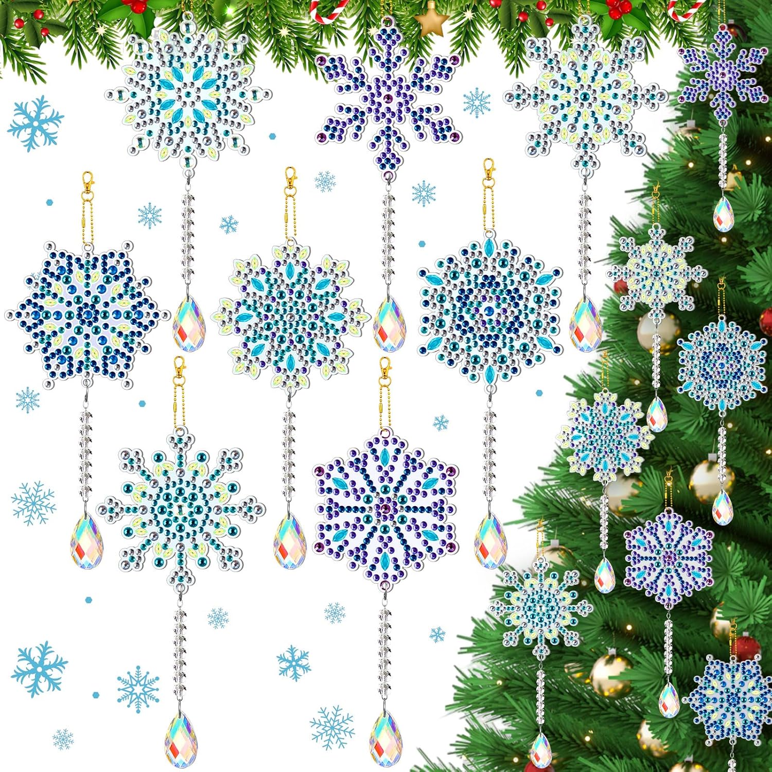 Chitidr 8 piezas de adornos de pintura de diamantes de invierno 5D DIY copos de nieve arte de diamantes campanas de viento copo de nieve colgantes