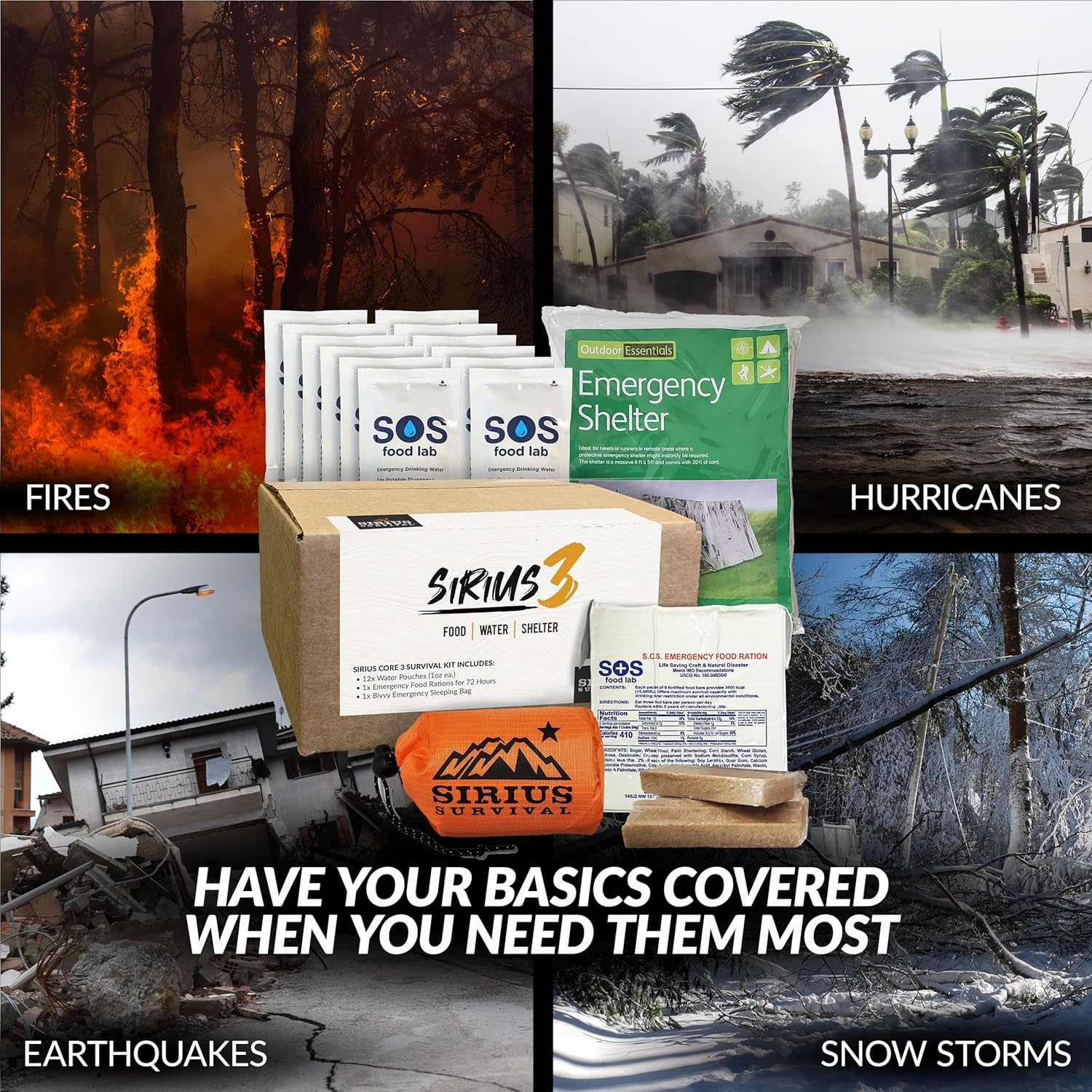 El kit de supervivencia Sirius 3 y preparación para emergencias – Alimentos, agua y refugio durante 72 horas – 5 años de vida útil
