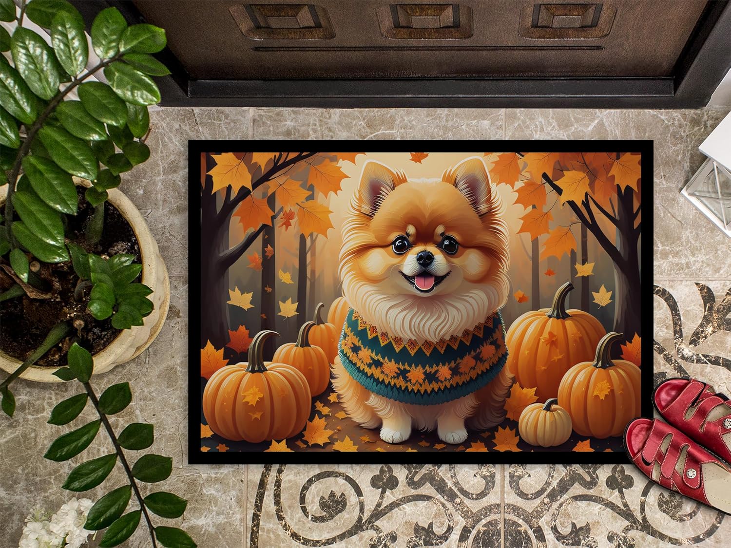 Caroline’s Treasures DAC1062MAT – Tapete de otoño con pomerania de 18 x 27 pulgadas, para interiores y exteriores, para entrada, antideslizante,