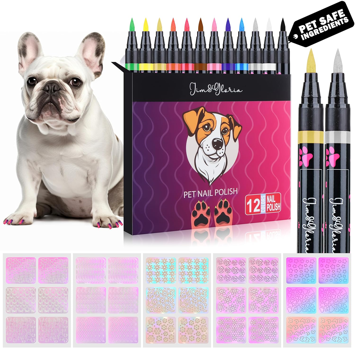 Jim&Gloria Juego de esmaltes de uñas para perro, 12 colores + plantillas, color dorado y plateado, uñas oscuras o claras, sin olor, secado rápido,