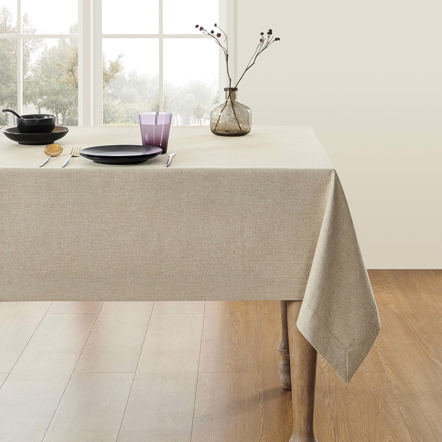 ZeeMart Mantel rectangular básico de lino sintético color beige, 52 x 70 pulgadas, color cambray natural, resistente a las arrugas, lavable, de