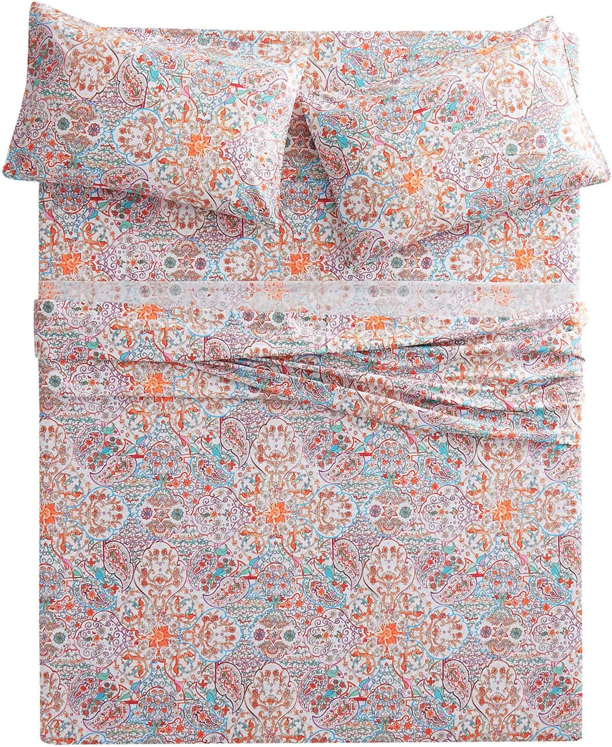 Wake In Cloud – Juego de sábanas bohemias, ropa de cama 100% algodón, estampado de mandala indio bohemio chic (4 piezas, tamaño matrimonial)