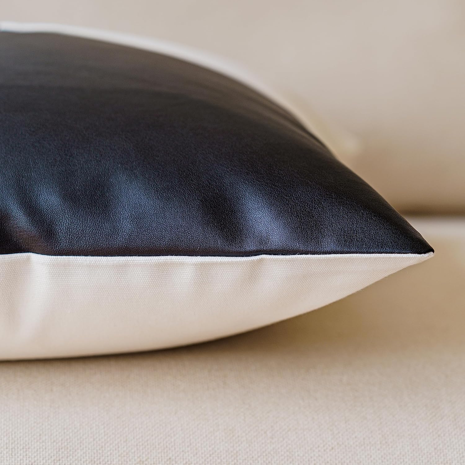 Juego de 2 fundas de almohada de lino con retazos de piel sintética negra, modernas, minimalistas, cuadradas, decorativas, bohemias, de 18 x 18