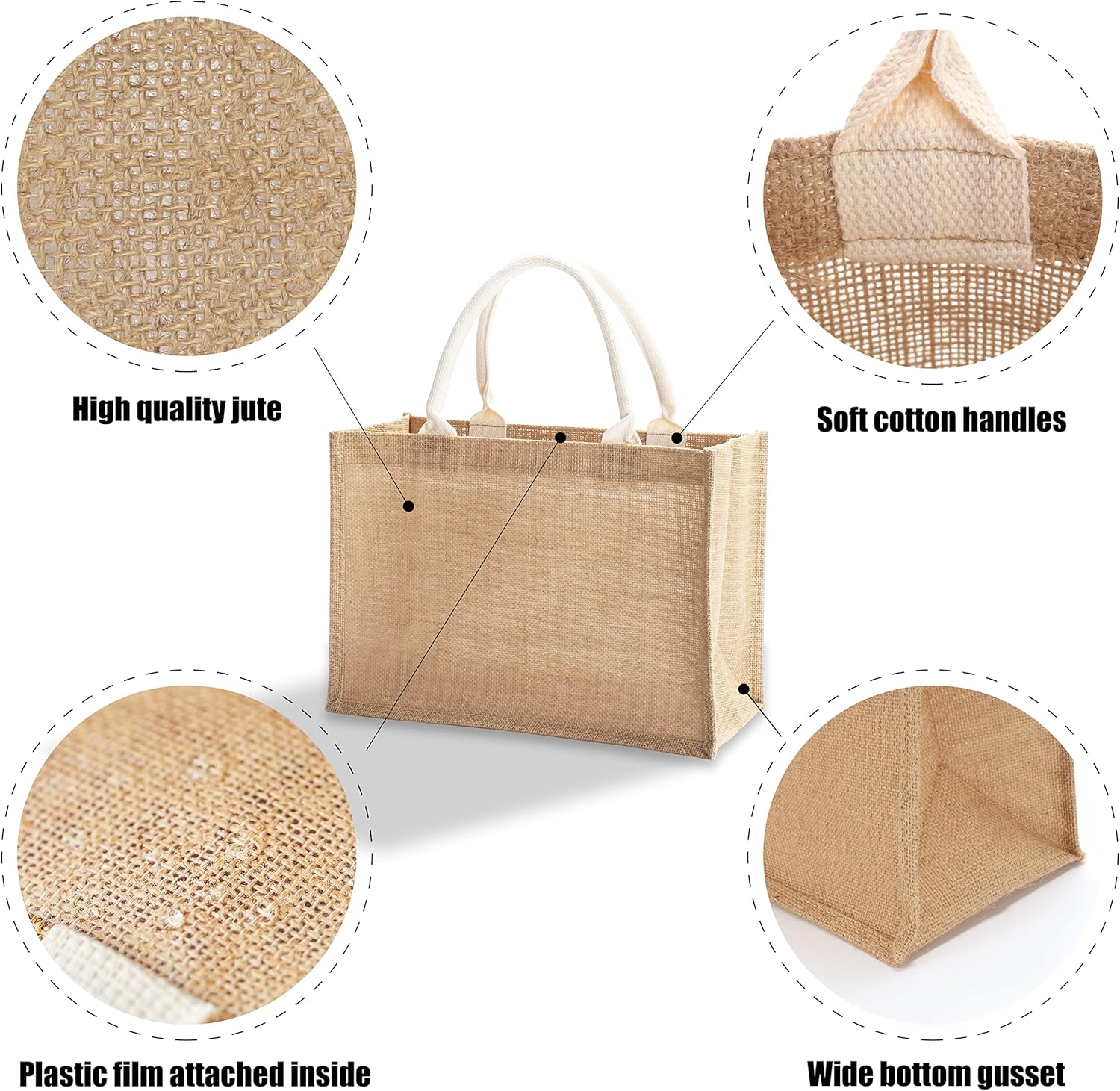 Bolsas de playa de yute, 14.5 x 6.7 x 10.2 pulgadas, paquete de 6 bolsas de arpillera con asas, bolsas de comestibles Resuabale, bolsas de dama de