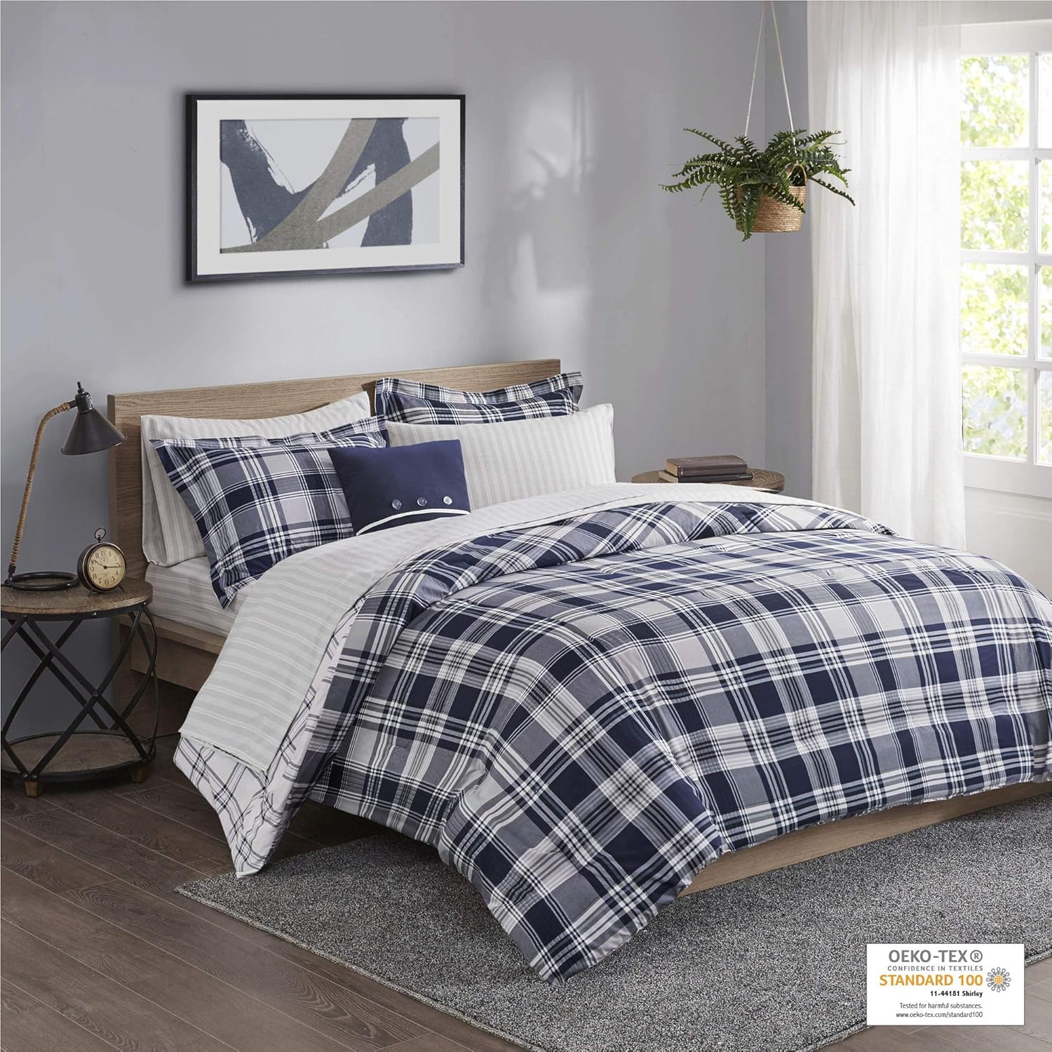 Madison Park Essentials Cozy Bed in A Bag – Edredón reversible con juego de sábanas completo, diseño casual de cabaña a cuadros, funda para todas