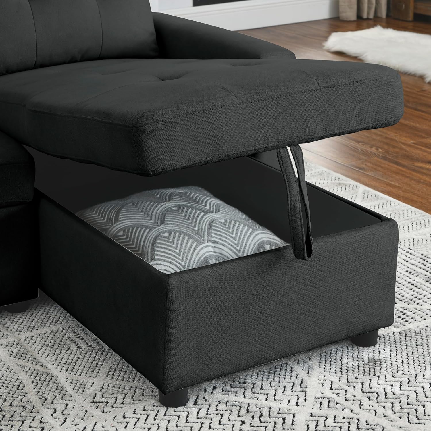 Ucloveria Sofá cama modular reversible para sala de estar en forma de L, sofá futón 2 en 1 con bolsa de almacenamiento lateral, negro, negro, 78.5