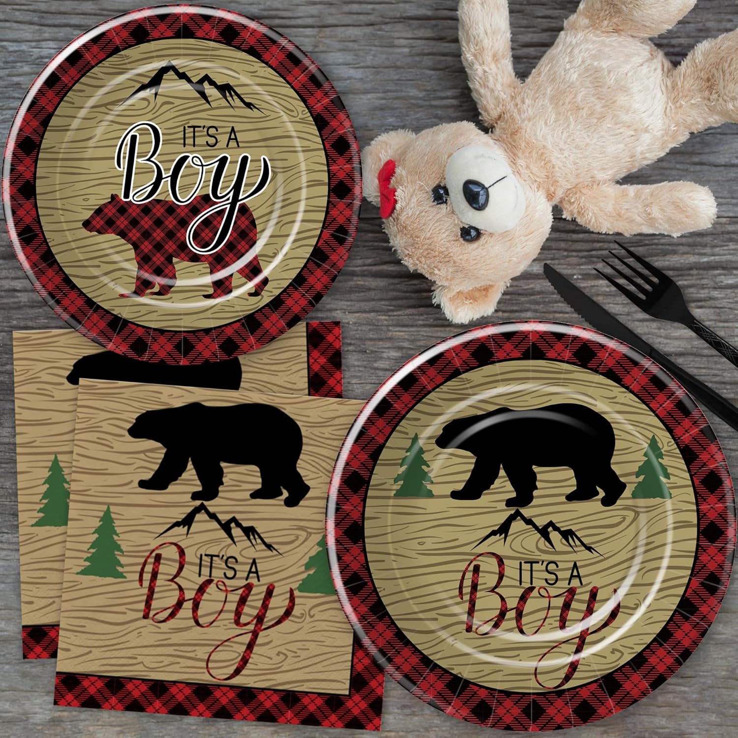 Xigejob Decoraciones de leñador para baby shower, suministros de fiesta de leñador para bebé, plato, taza, servilleta, mantel, cubiertos, búfalo a