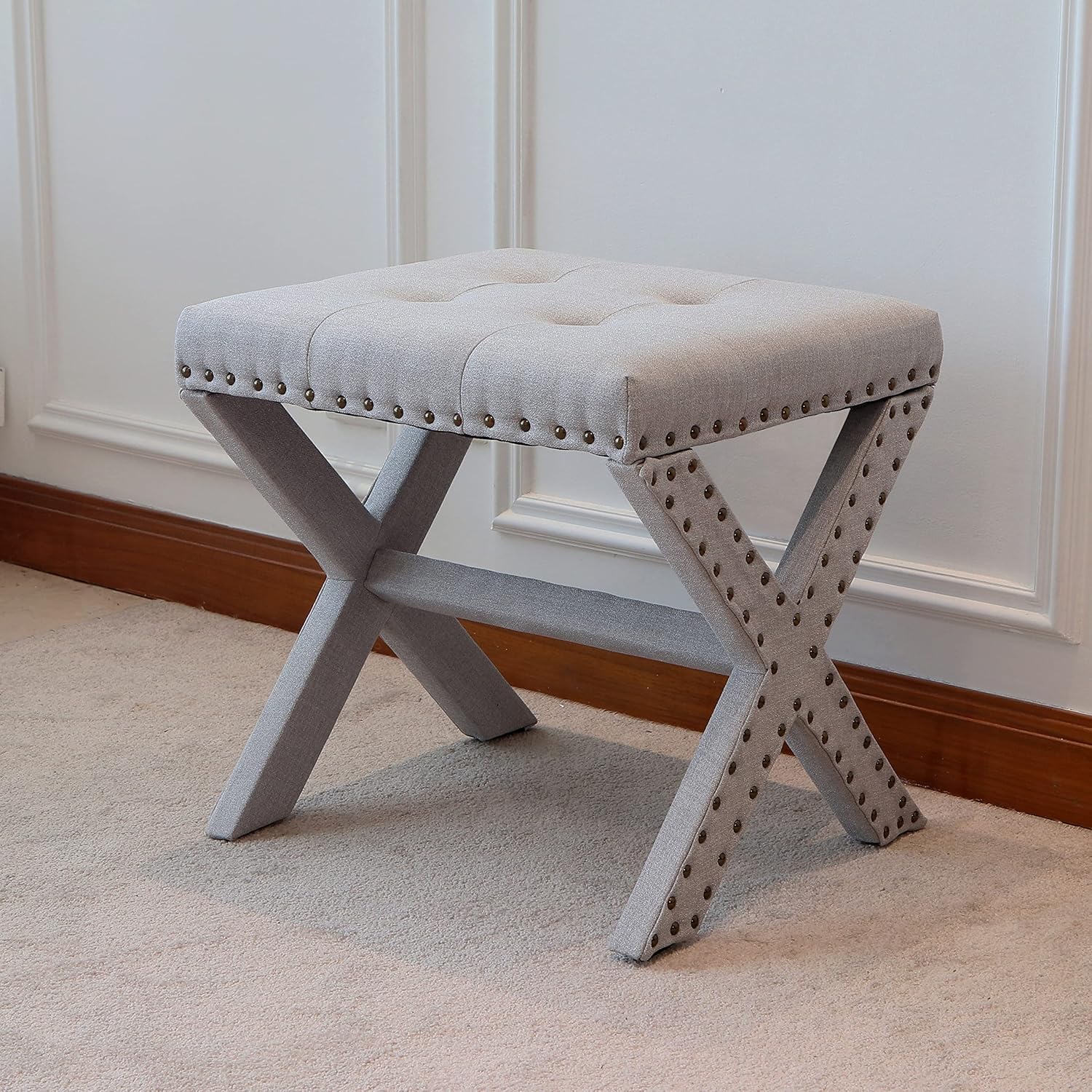 AC Pacific Modern Chic – Taburete tapizado con tela de lino suave, ribete de cabeza de clavo, asiento copetudo y marco de madera maciza, 19 pulgadas