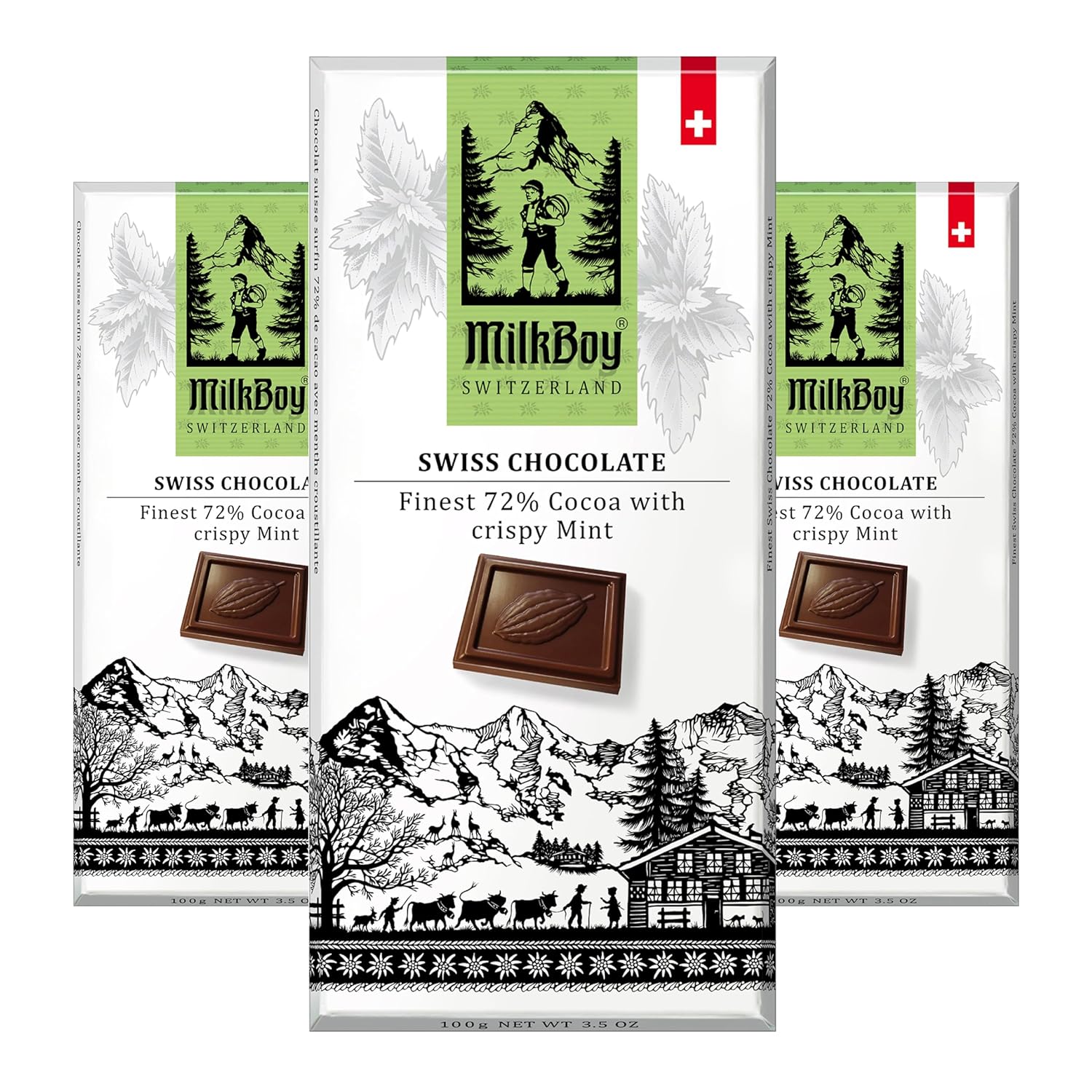 Milkboy Swiss Crispy Mint Dark Chocolates  Barras de chocolate de cacao oscuro 72% naturales  Hecho en Suiza  Sin lácteos  Vegano  Sin gluten  Sin