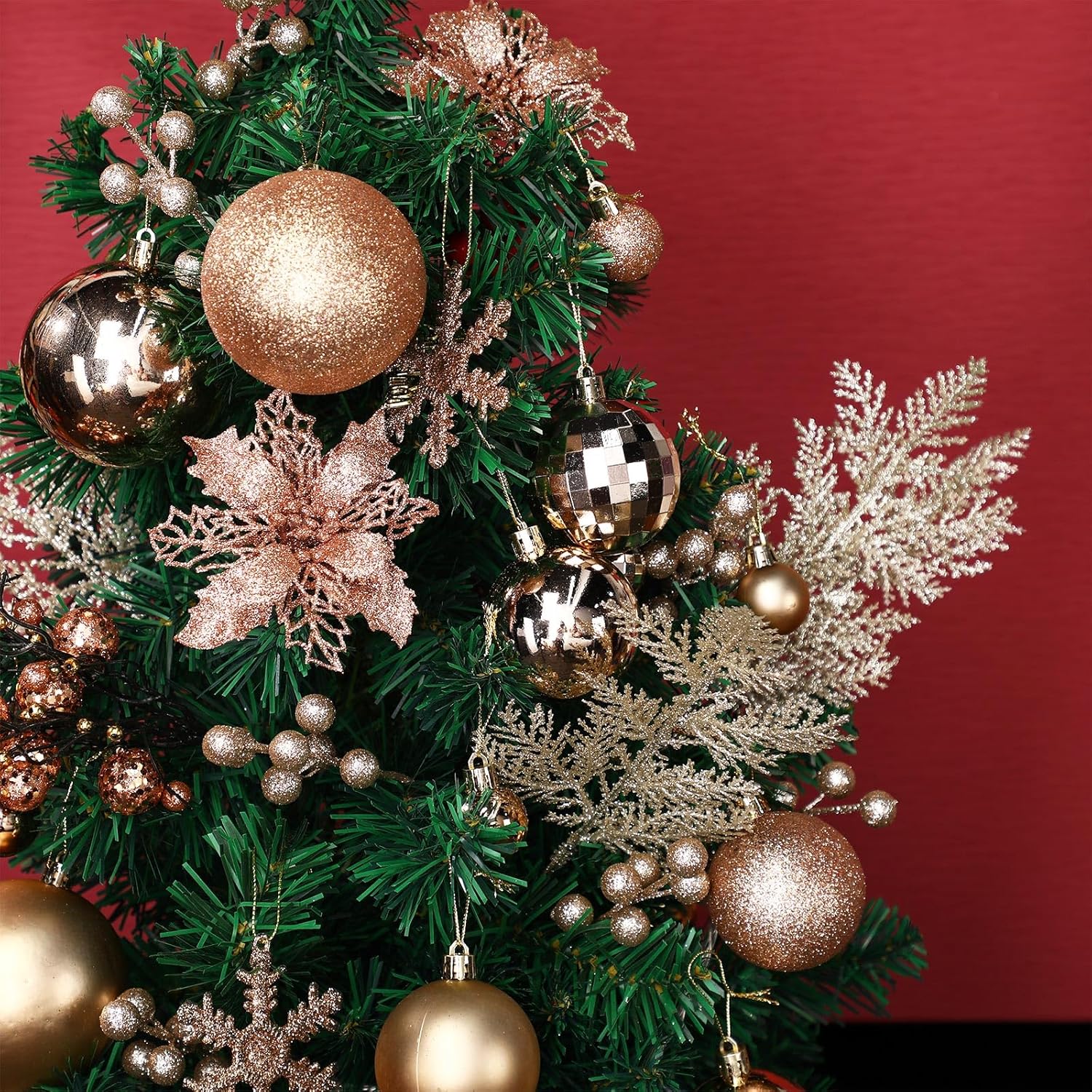 Juego de decoración para árbol de Navidad de 94 piezas, adornos, flores, bayas, tallos, para decoración navideña (dorado champán)