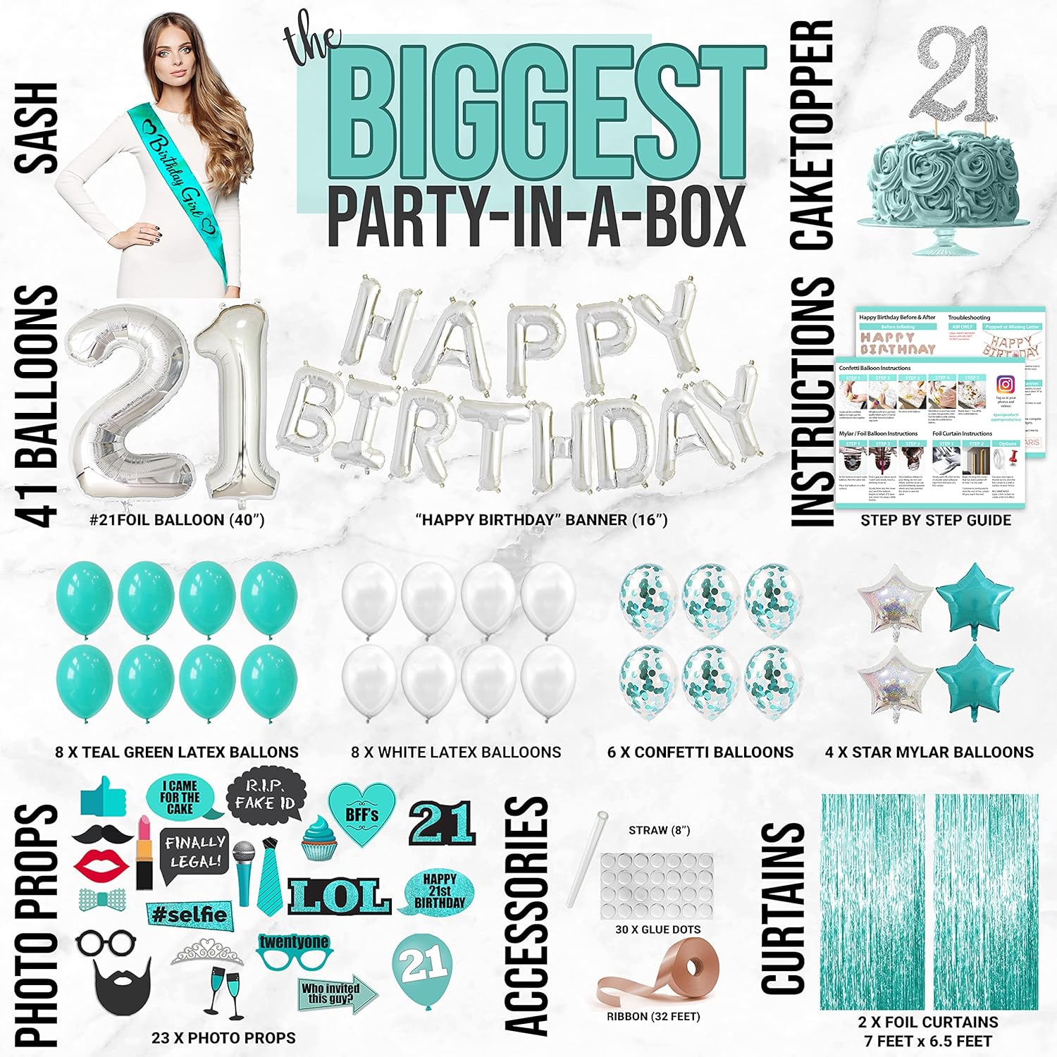 71 piezas de decoración de feliz cumpleaños #21 para ella, regalo de cumpleaños #21 para ella, tiara, banda de cumpleaños #21 para ella, decoración